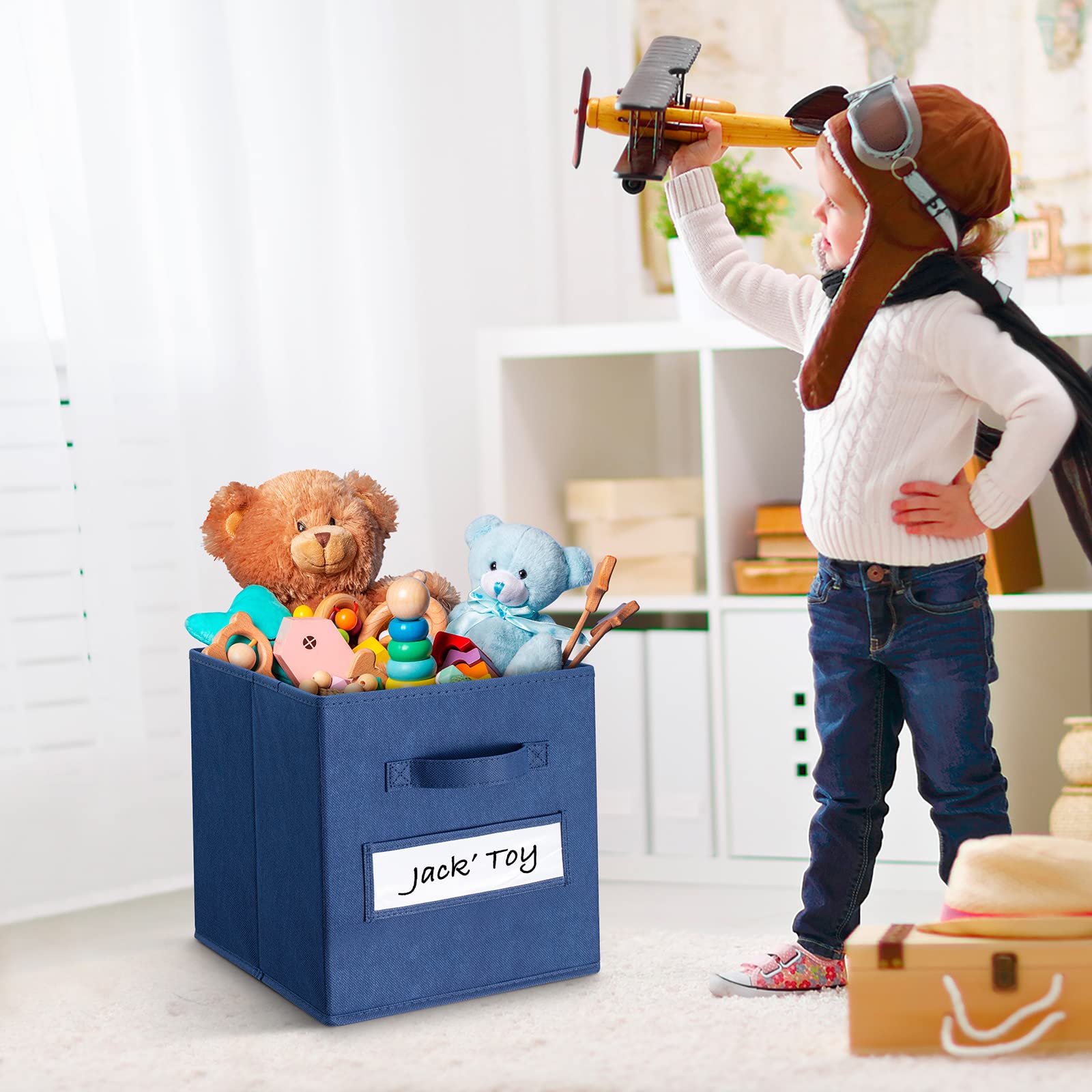 10-Pack 11 Inch Foldable Fabric Storage Cubes with Labels & Pen - Navy Blue Closet Organizers for Shelves, Home & Office Organization | Perfect for Kids' Toys, Blankets, Books & Wardrobe Storage