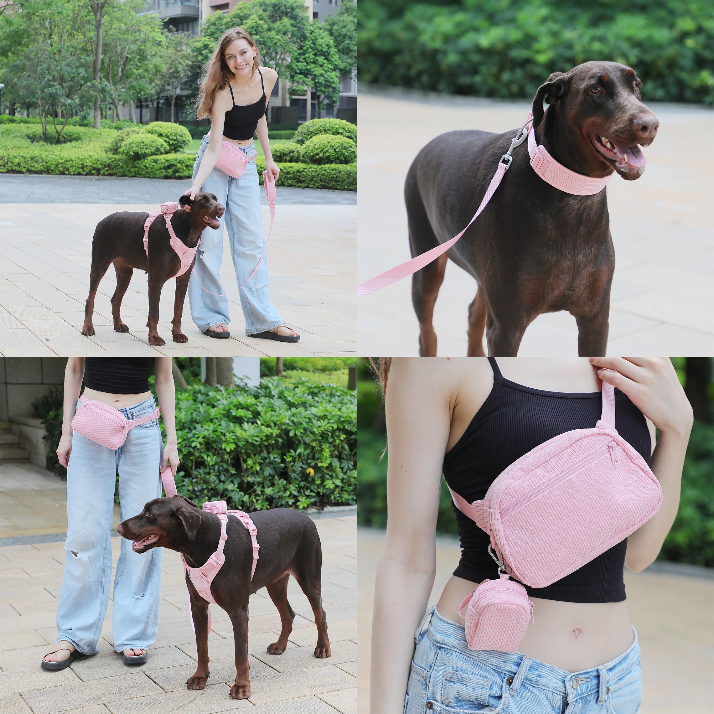 Custom Personalized Dog Harness & Leash Set with Name - Reflective No-Pull Adjustable Harness with Poop Bag Holder - Beige Gray Small Pink - Perfect for Walking, Training & Outdoor Adventures