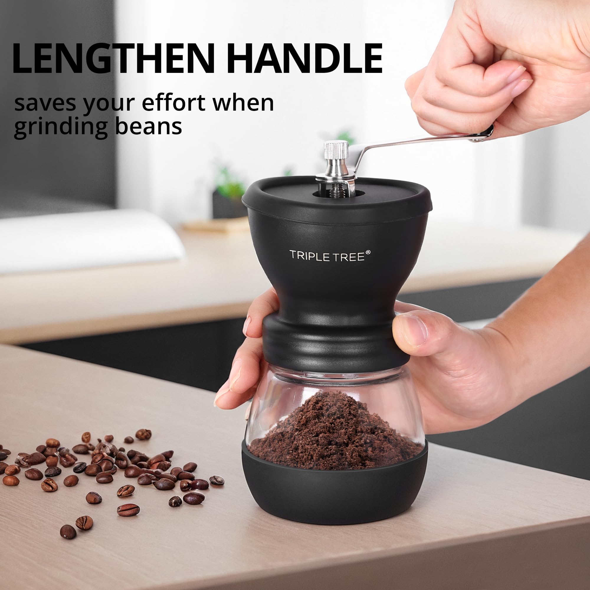 Premium Manual Coffee Grinder with Ceramic Burrs - Adjustable Coarse to Fine Settings, Extended Stainless Steel Handle & 2 Glass Jars (11oz Each) - Includes Brush & Tablespoon Scoop - Perfect for Home, Office, Camping & Travel - Durable Portable Coffee Bean Mill for Espresso, French Press & Pour Over Brewing