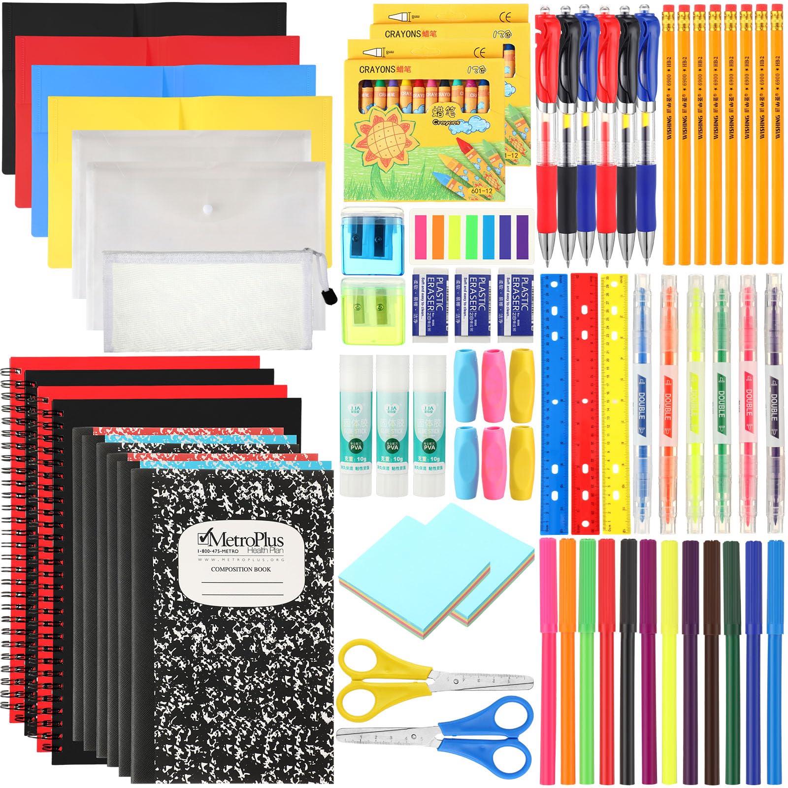 2 Pack 88-Piece Back to School Supplies Kit for Students - Includes Pencils, Notebooks, Rulers, Glue, Scissors, Sticky Notes, Erasers & Pencil Sharpeners - Perfect for Classroom, Homeschooling & Office Use