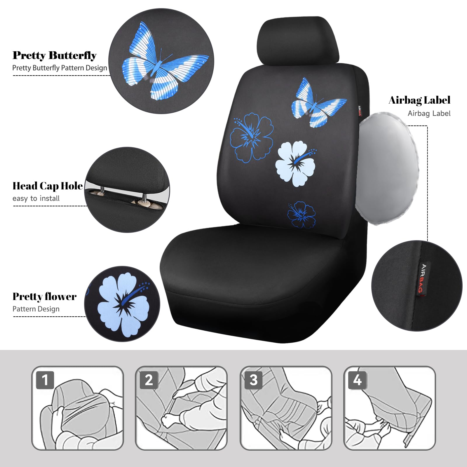 CAR PASS Blue Butterfly Car Seat Covers Full Set - Waterproof Embroidered Flower Car Floor Mats & Steering Wheel Cover - Universal Car Accessories Interior Set (Black & Blue) - Perfect for Sedans, SUVs & Trucks - Enhances Comfort & Protects Vehicle Interior