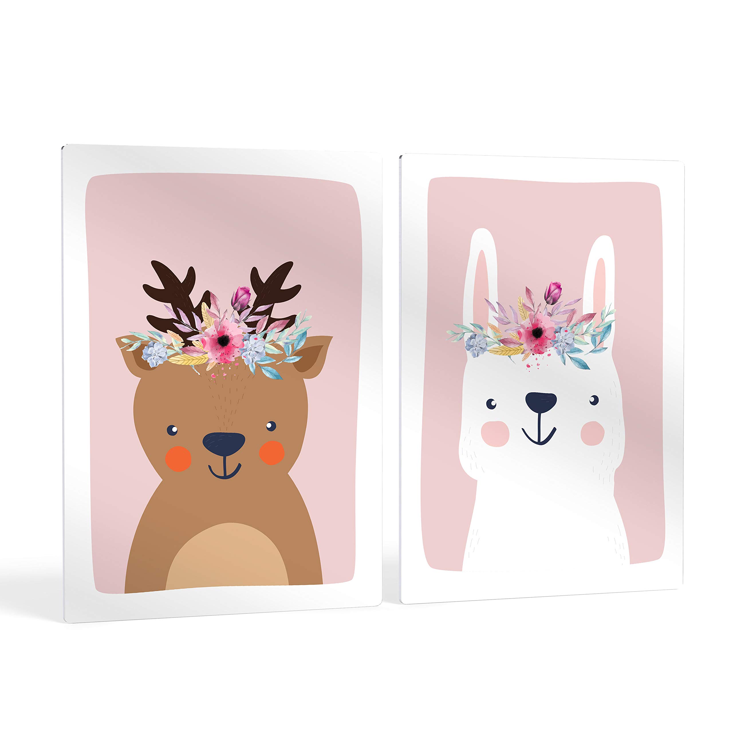 Handmade Deer & Rabbit Floral Metal Wall Art Set - 2 Panels (36x24 inches) - Nursery Decor for Baby Girl & Boy Rooms - USA Made - Perfect for Kids' Bedrooms, Playrooms & Gender-Neutral Nursery Themes