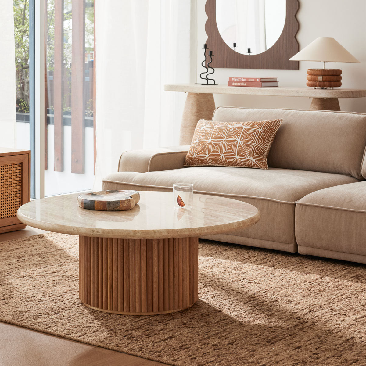Modern Oak & Travertine Coffee Table - 100cm Round Mid-Century Style Living Room Centerpiece for Home Decor & Entertaining