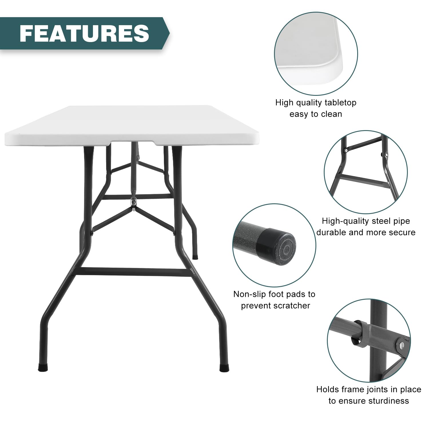 8 Foot Foldable Outdoor Dining Table - Portable Rectangular Plastic Folding Table with Built-in Handle for Parties, Weddings, Picnics & Backyard Gatherings - White