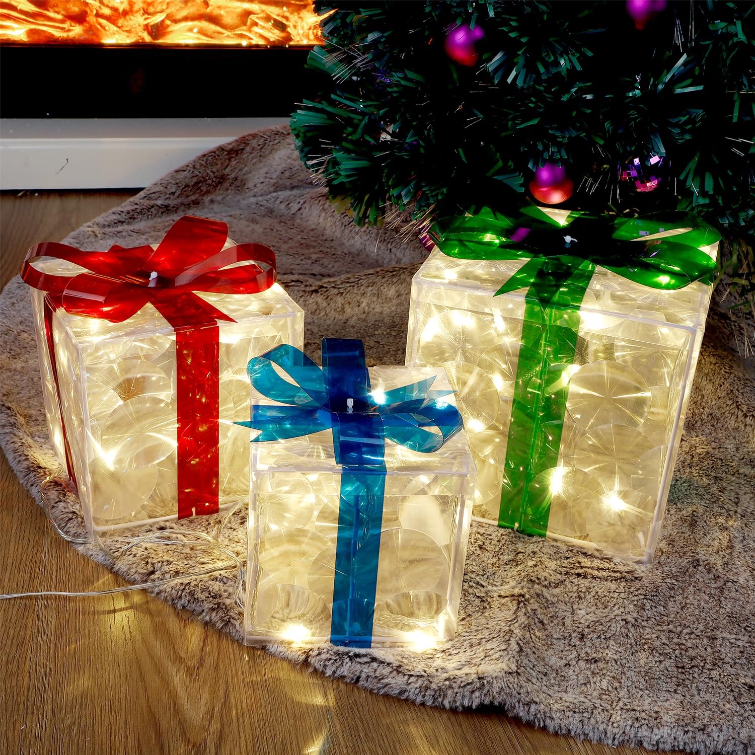 Set of 3 LED Lighted Gift Boxes - 60 Transparent Christmas Decorations for Home, Party & Holiday Display - Perfect for Tree Toppers, Table Centerpieces & Festive Gift Wrapping