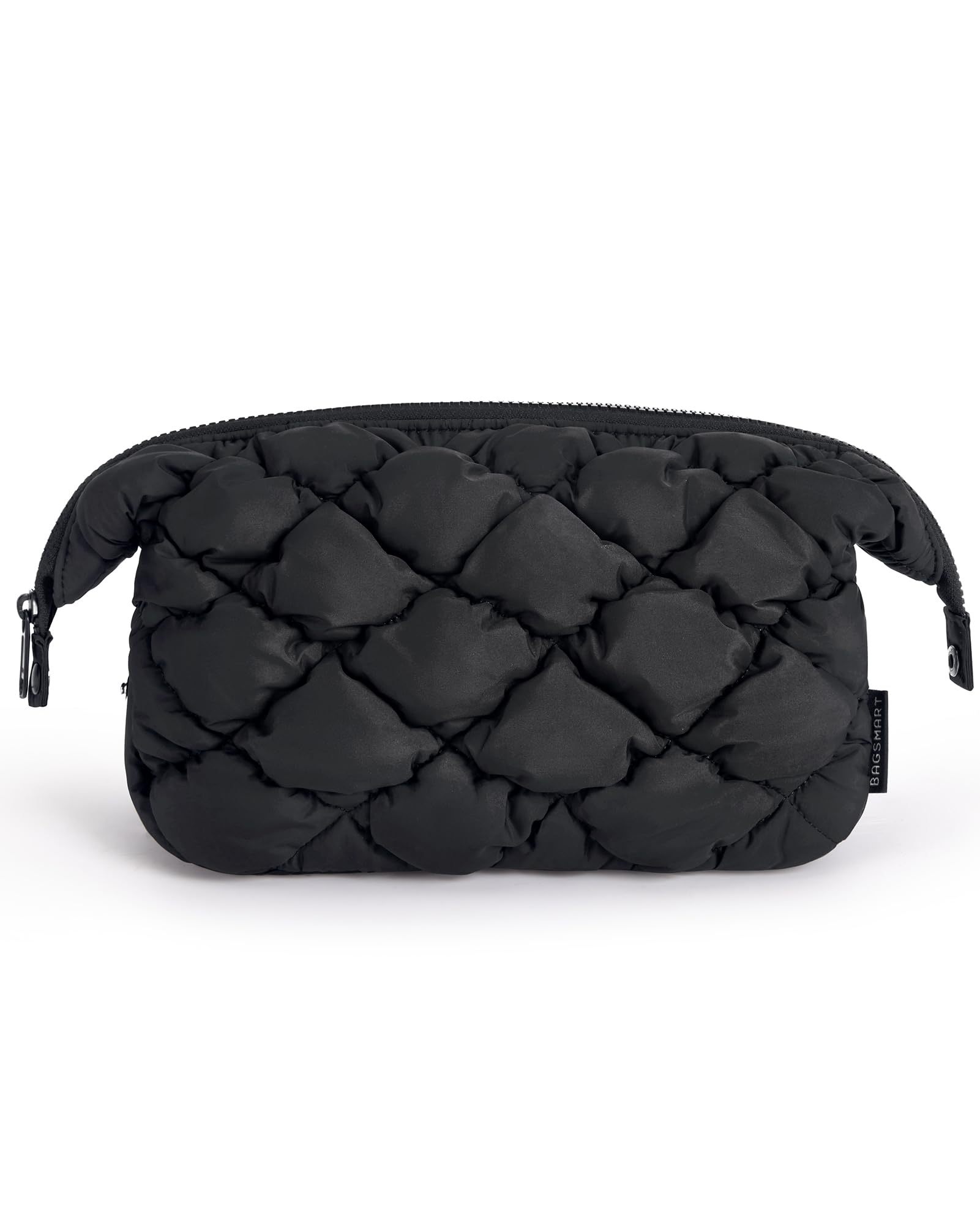 BAGSMART Quilted Travel Makeup Bag for Women - Puffy Toiletry Organizer with Wide Opening, Cosmetic Storage Case - Perfect for Travel, Gym, and Daily Essentials (Black)