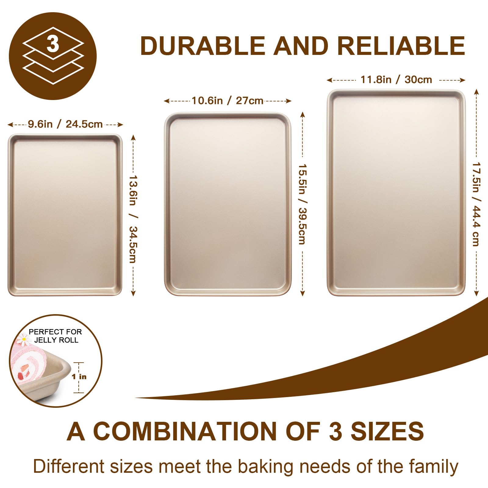 3-Piece Nonstick Baking Sheet Pan Set - Heavy Duty Cookie Sheets, Half/Quarter/Jelly Roll Pans for Toaster Oven - Commercial Grade, Easy Clean, Champagne Gold - Perfect for Baking Cookies, Roasting Veggies & Meal Prep