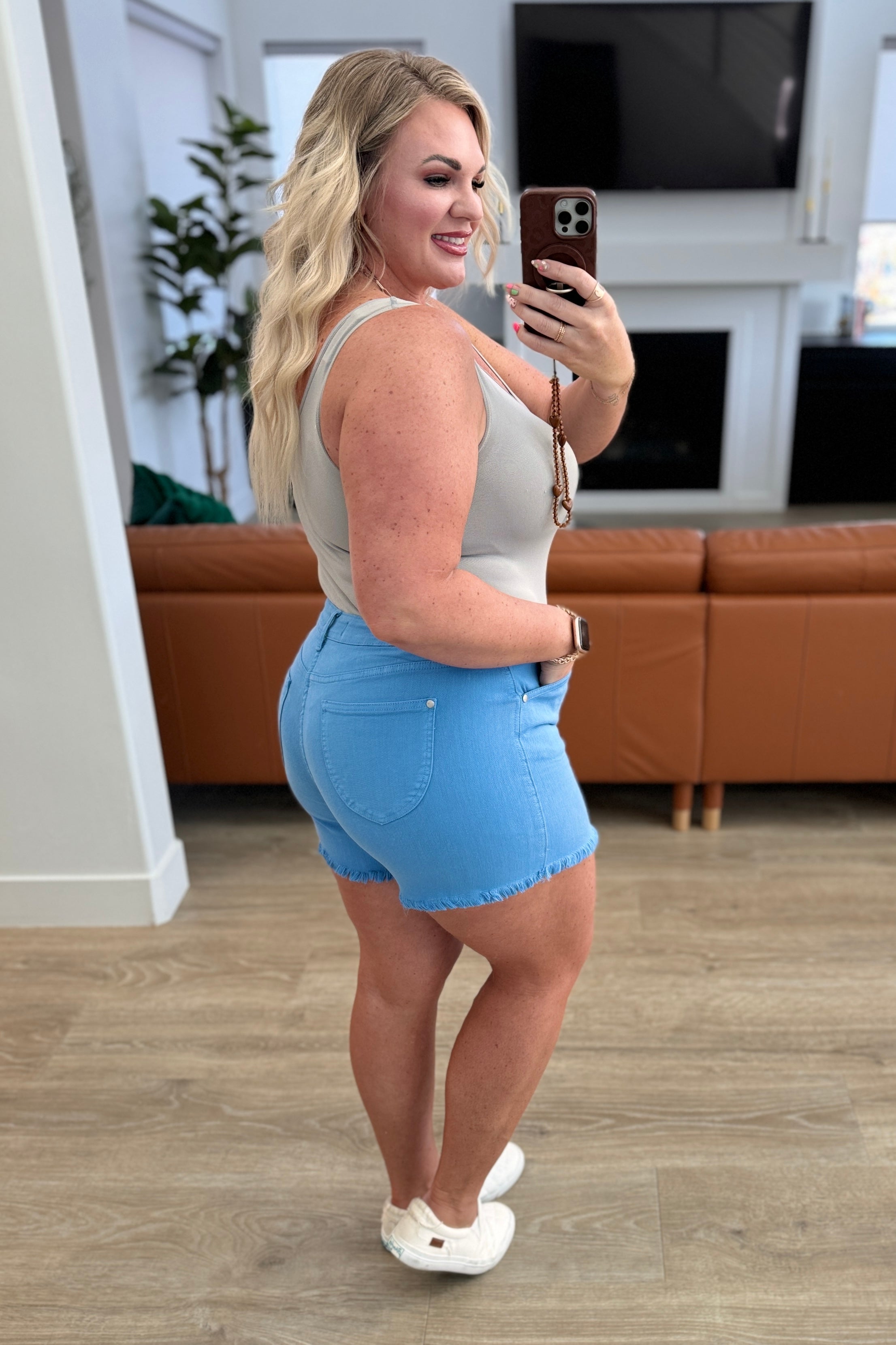 Celeste Mid Rise Shield Pocket Cutoff Denim Shorts for Women - Sky Blue Washed Denim | Casual Summer Outfits, Beach Wear & Street Style Fashion