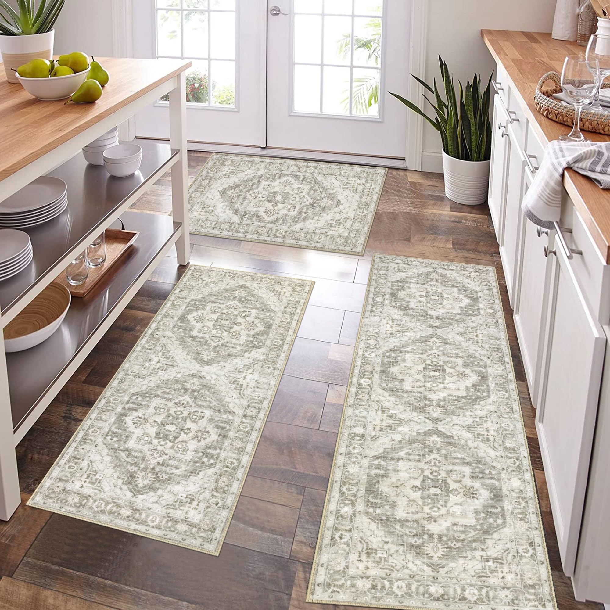 Pauwer Farmhouse Kitchen Rugs Set of 3 - Non-Slip Washable Boho Kitchen Runner Mats for Floor, Indoor Door Entrance & Laundry Room - Thick Soft Kitchen Carpet for Cozy Home Decor | Perfect for Farmhouse, Cottage & Boho Style Kitchens