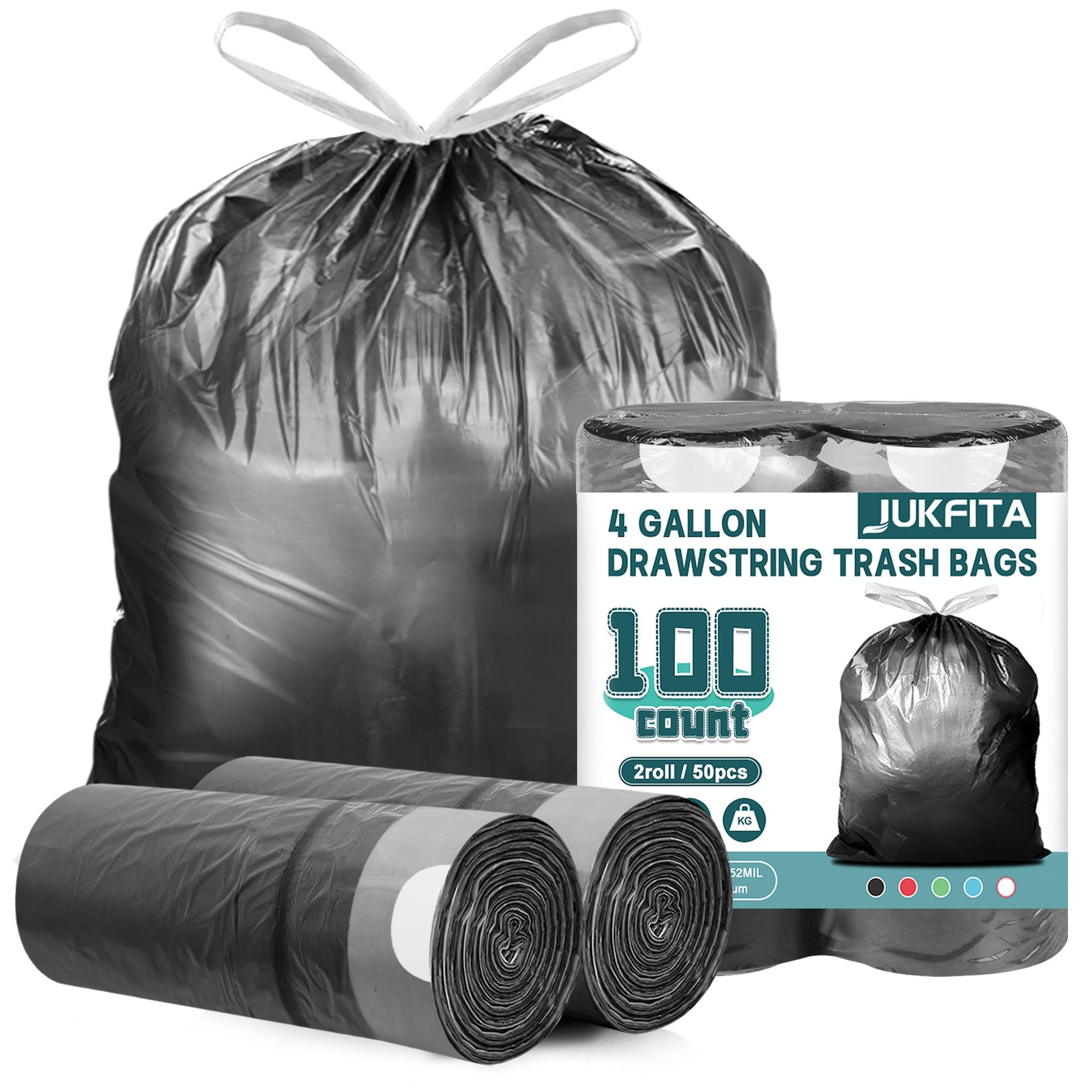 JUKFITA 4 Gallon Small Trash Bags 100 Count - Drawstring Kitchen & Bathroom Garbage Bags, Unscented Black Waste Bags for Office, Bedroom, Dorm & RV Use