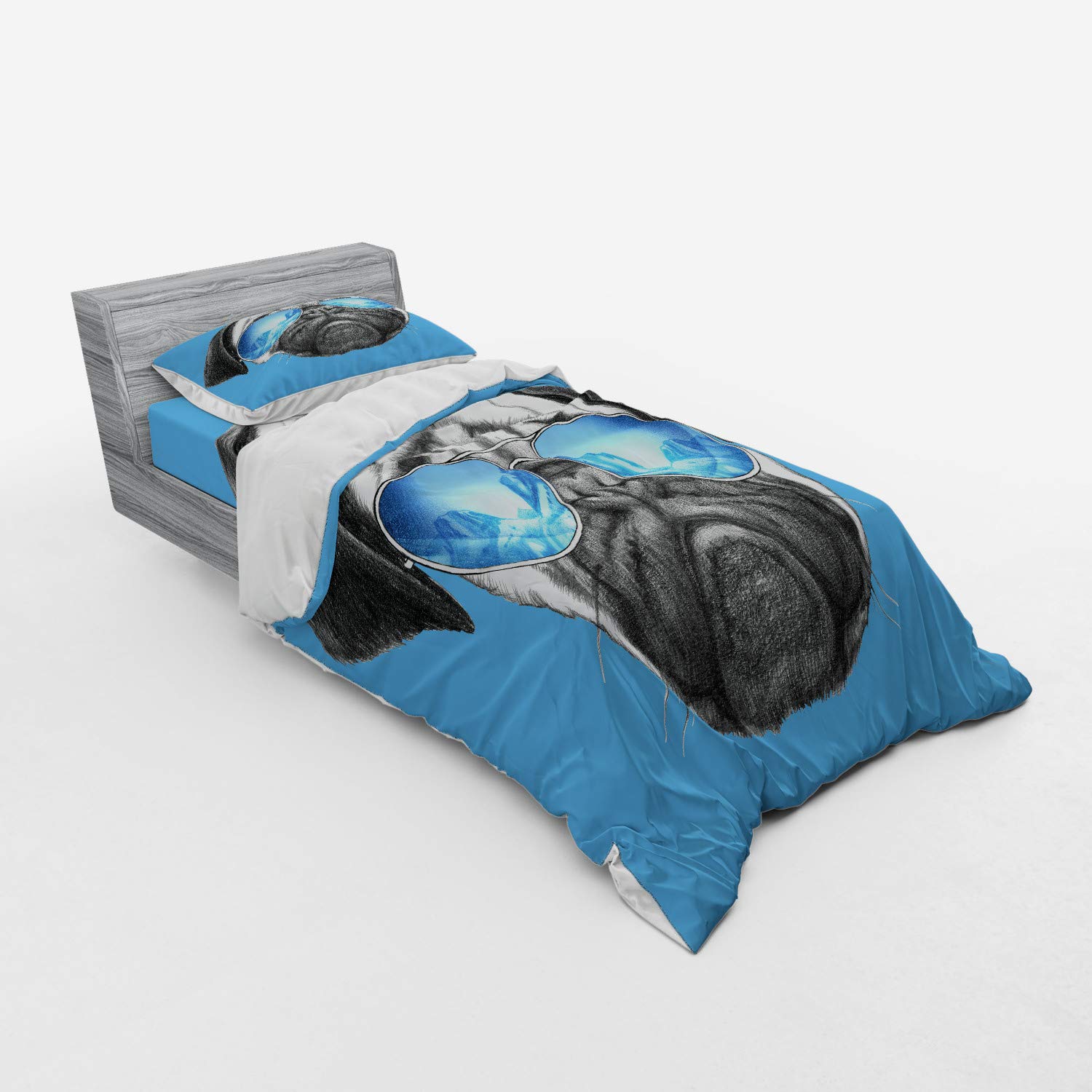 Ambesonne Pug Duvet Cover Set - Hand Drawn Pug Portrait with Sunglasses, 3-Piece Twin Size Bedding Set (Duvet Cover + Sham + Fitted Sheet) in Pearl Blue & Black - Funny Pet Animal Design for Kids' Rooms & Dog Lovers' Bedrooms