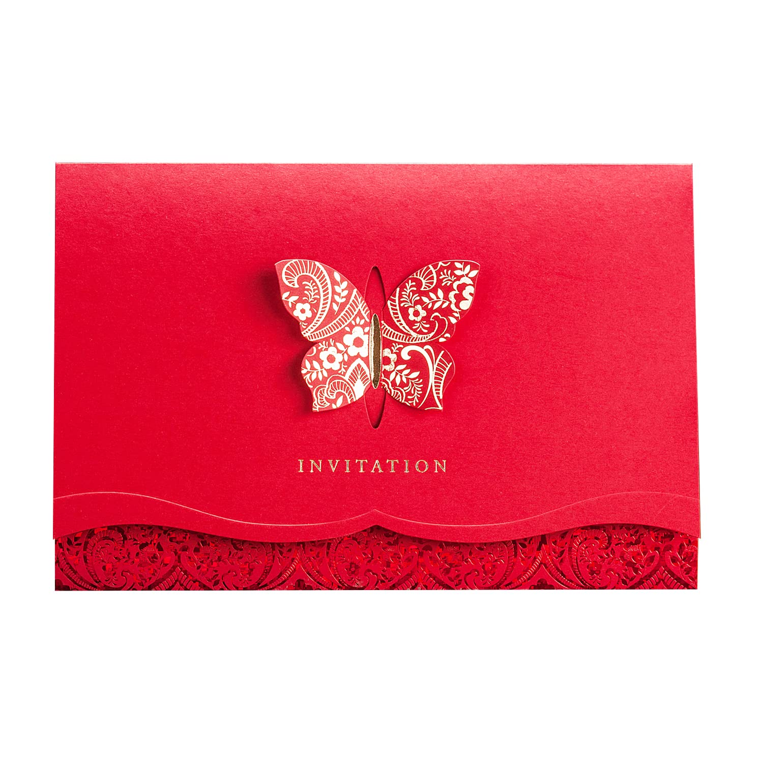 50pcs Red Laser Cut Floral Wedding Invitation Cards with Gold Butterflies & Envelopes - Elegant Bridal Shower, Wedding, Quinceañera Invites for Special Occasions