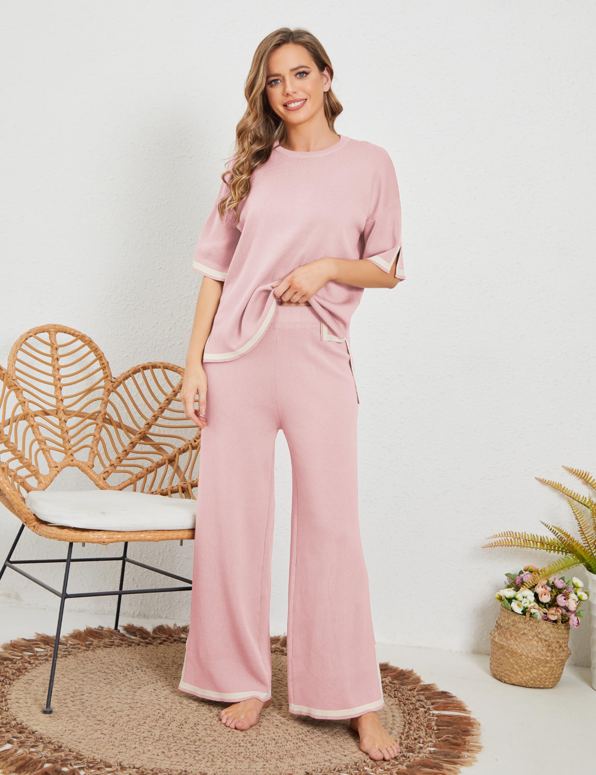 Tanming Women's 2-Piece Sweater Set - Soft Short Sleeve Knit Pullover Top & Comfortable Wide Leg Lounge Pants | Cozy Outfit for Home, Casual Wear & Relaxation