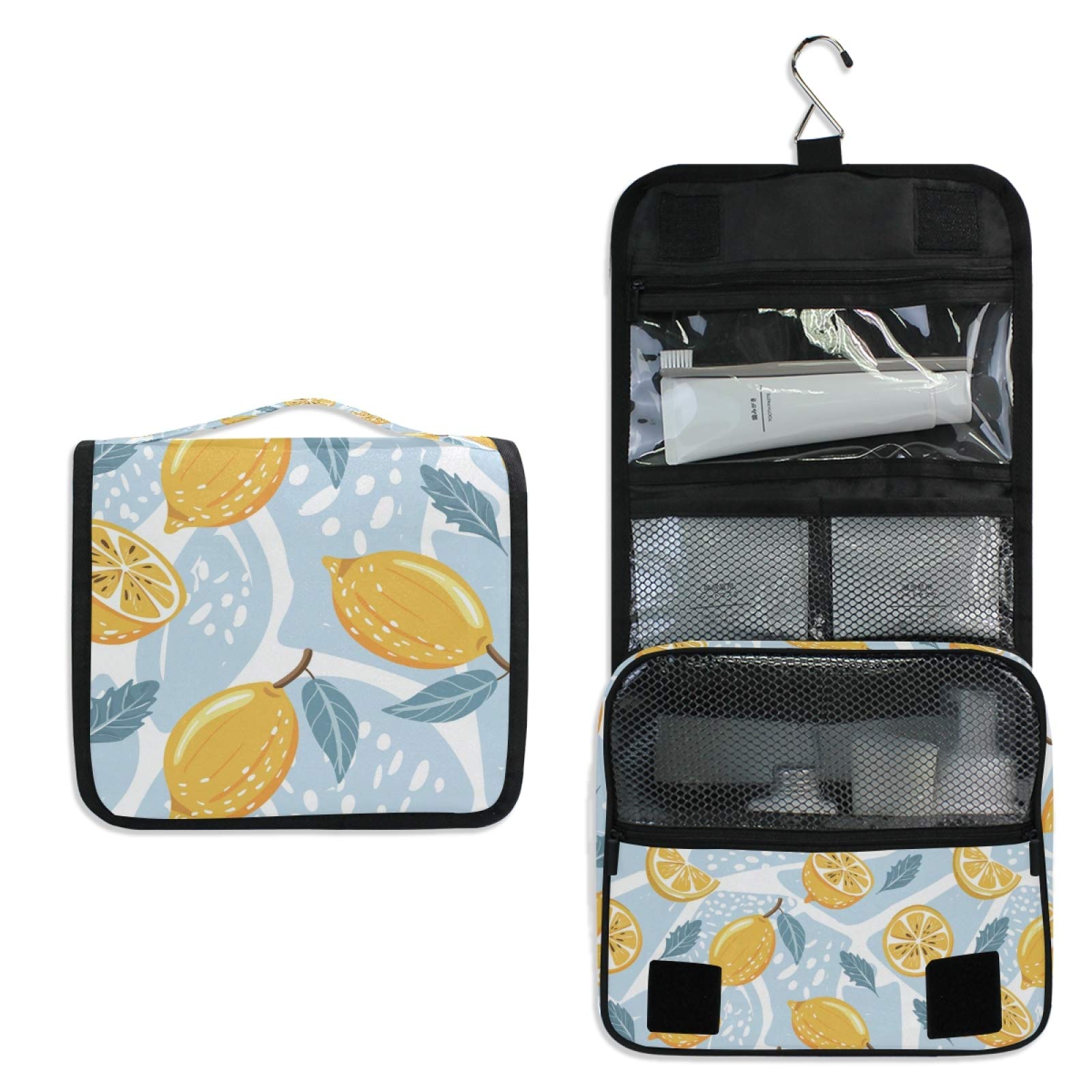 ALAZA Hanging Toiletry Bag for Women - Large Capacity Waterproof Travel Cosmetic Organizer with Hook, Tropical Lemon Slice & Mint Leaves Design - Perfect for Bathroom Storage, Makeup Pouch & Vacation Essentials