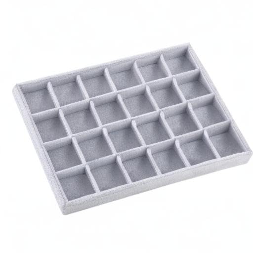 Ice Gray Plush Velvet Stackable Jewelry Display Trays - 24 Grid Jewelry Organizer Storage Box for Rings, Earrings & Necklaces - Perfect for Boutique, Jewelry Store & Home Vanity Display