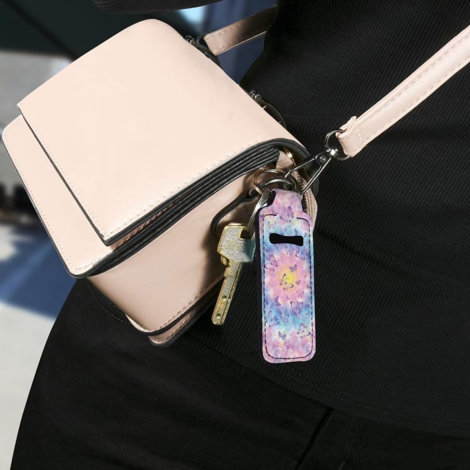 Butterfly Lip Balm Holder Keychain - Purple Tie Dye Design with Carabiner Clip | Lightweight Lip Gloss Balm Keychain for Women | Perfect for Gym, Travel, and Everyday Use