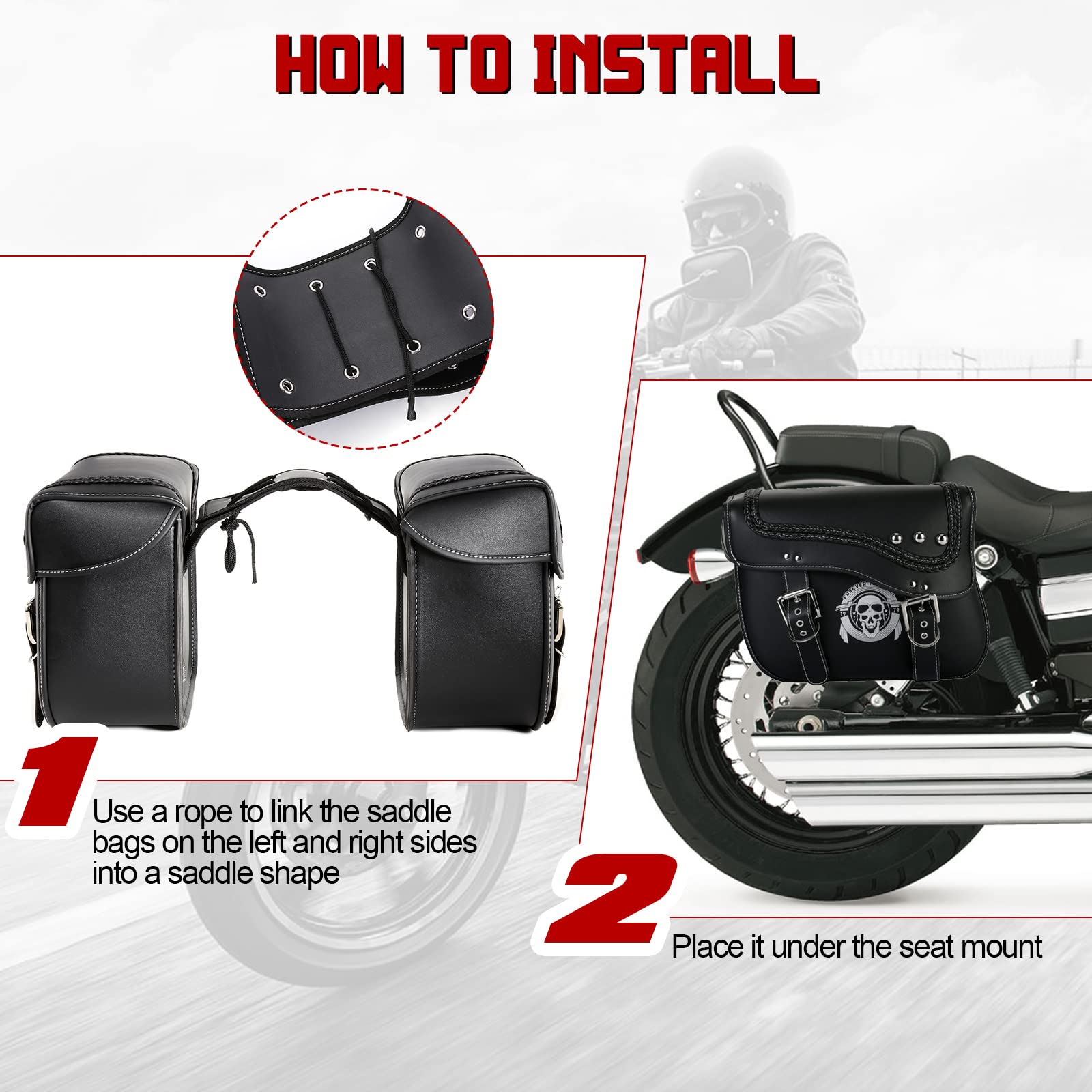 INNOGLOW Waterproof Motorcycle Saddlebags - Synthetic Leather Side Bags with Skull Pattern (2PCS) - Universal Fit for Harley, Sportster, Softail, Dyna, Suzuki & Kawasaki - Perfect for Long Rides, Commuting & Storage