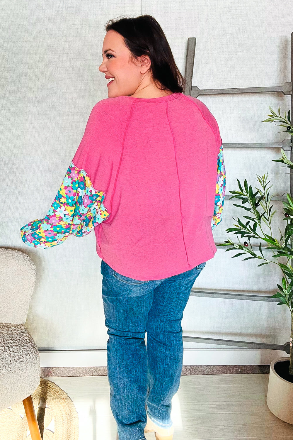 Pink & Floral Bubble Sleeve French Terry Pullover Sweatshirt for Women - Cozy Oversized Loungewear for Casual Outings & Coffee Dates