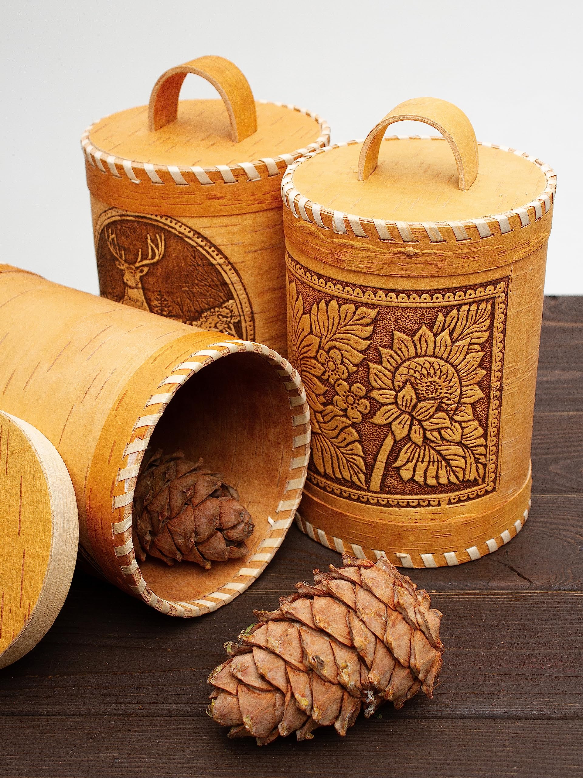 Birch Bark Food Storage Jar - Airtight Wooden Container for Coffee, Tea & Dry Goods - Decorative Kitchen Jars with Wood Lid (Deer Design) - Perfect for Pantry Organization & Rustic Home Decor