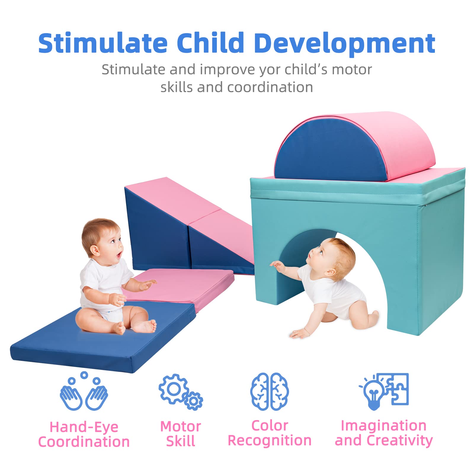 67i Soft Play Climbing Blocks for Toddlers 1-3 Years - Foldable Foam Triangle Blocks for Indoor Play, Baby Gym & Early Development (Pink & Blue) - Perfect for Nursery, Daycare & Home Playrooms