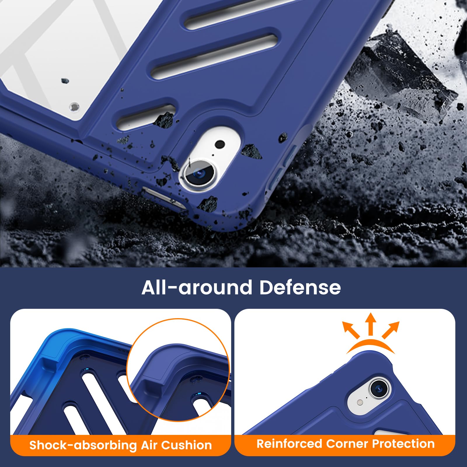 MoKo iPad Air 11 Case (M3 2025/M2 2024) & iPad Air 10.9 Case (4th/5th Gen 2020/2022) - Heavy Duty Shockproof Protective Cover with Pencil Holder & 10 Magnetic Viewing Angles - Navy Blue - Perfect for Work, Travel & Outdoor Use