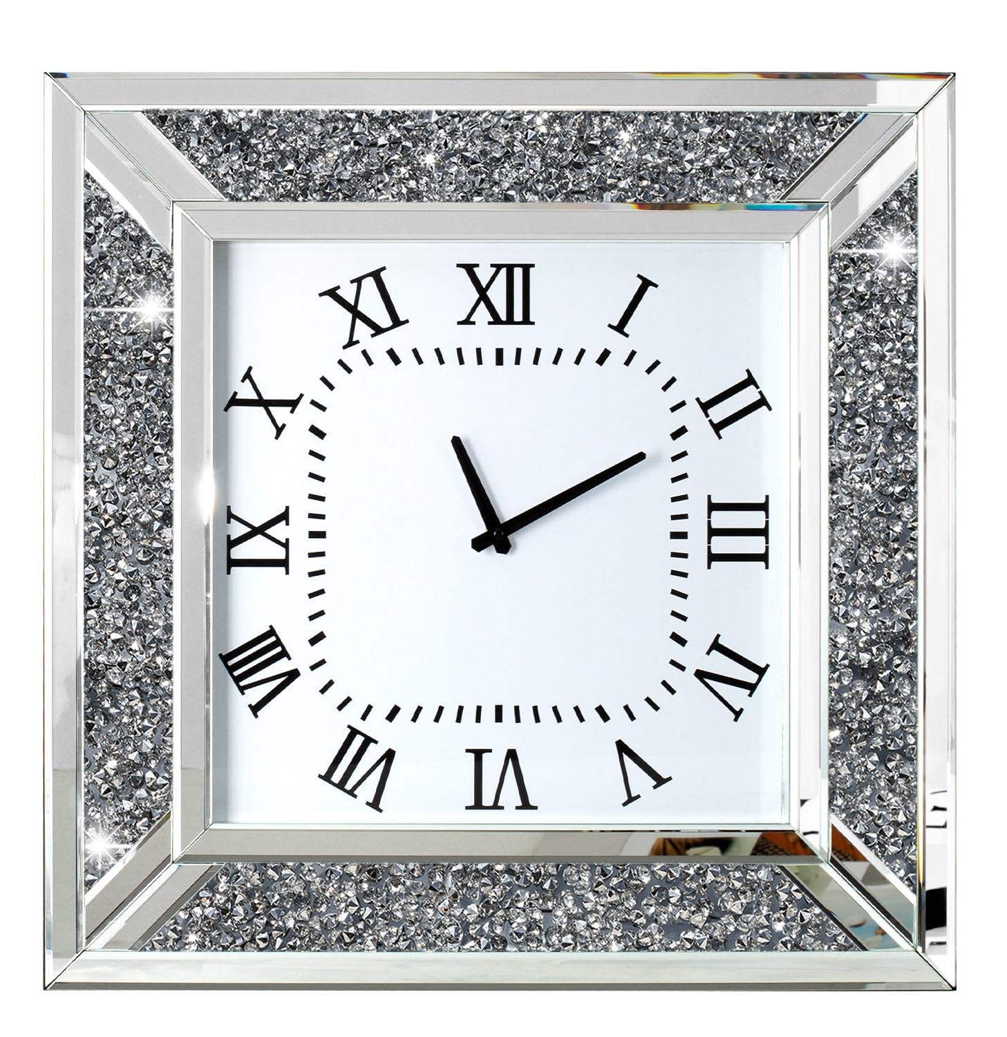 SHYFOY 24 Inch Large Decorative Wall Clock - Modern Mirrored Glass Surface with Crushed Diamond Frame for Living Room, Bedroom & Office Decor | Perfect for Home, Office & Gift Giving
