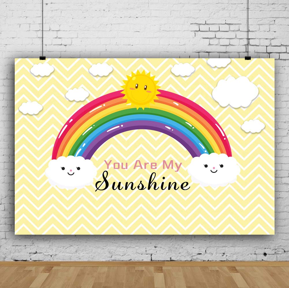 You Are My Sunshine Backdrop 5x3ft - Rainbow Cloud Cartoon Theme for Baby Shower, 1st Birthday Party, Newborn Photography & Cake Table Decor - Perfect for Studio Props and Children's Celebration Backgrounds