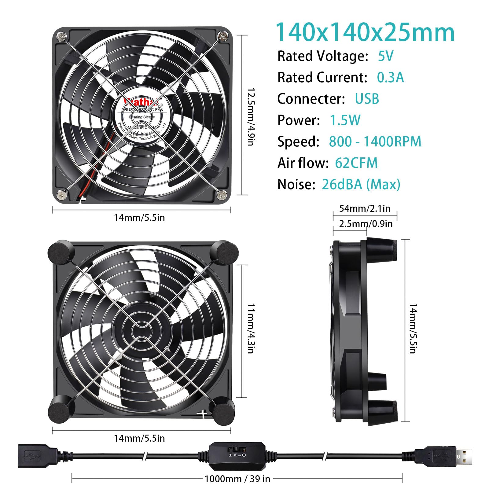 High Speed 140mm x 25mm USB Cooling Fan with Adjustable Speed Control - 5V Quiet PC Case Fan for Computer, DVR, PlayStation, Xbox, PS4, Router & Cabinet Cooling - Perfect for Gaming Rigs & Home Theater Systems