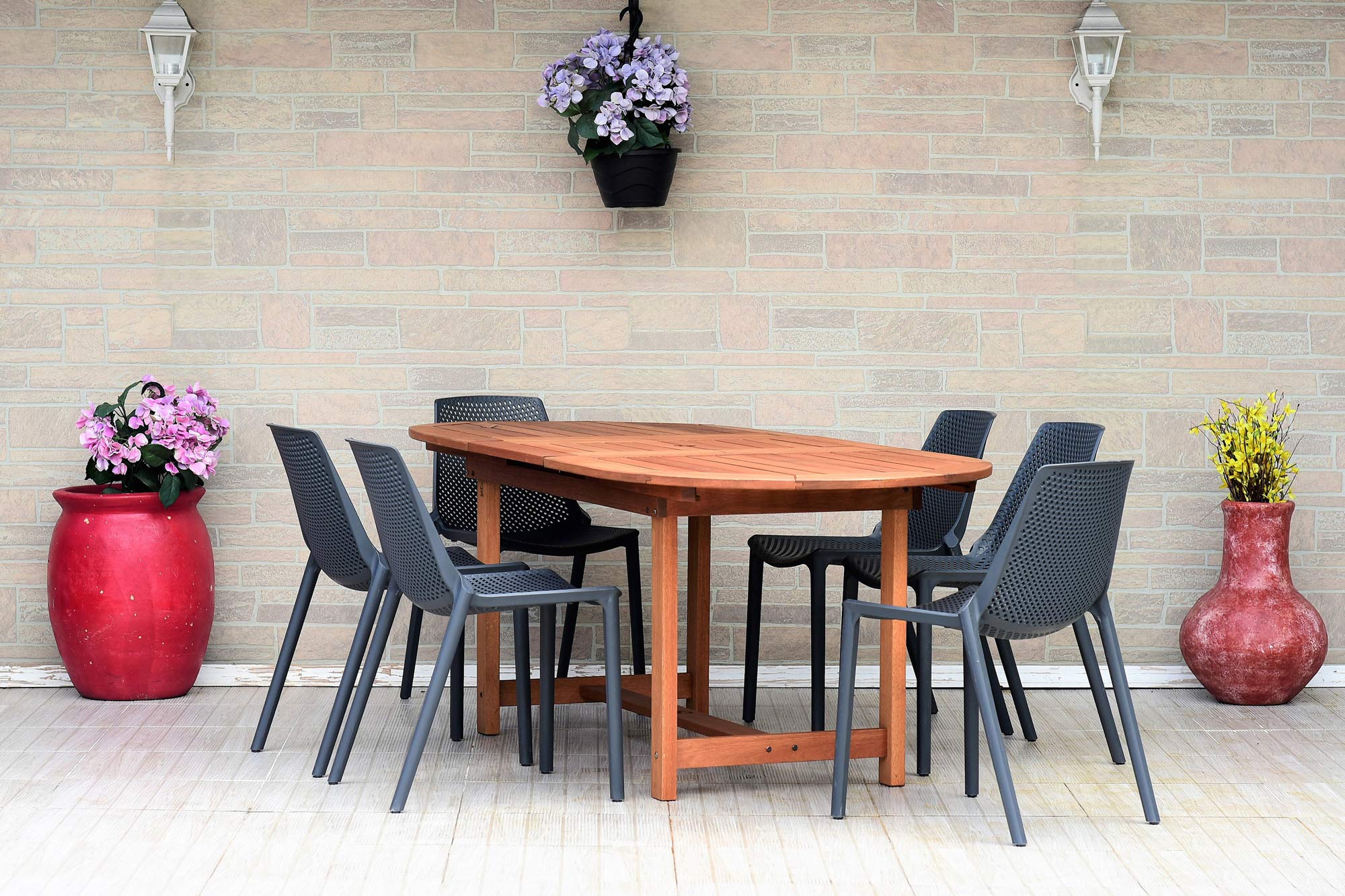 7-Piece Brown & Gray Oval Amazonia Eucalyptus Wood Extendable Patio Dining Set, 5.75' - Perfect for Indoor & Outdoor Entertaining