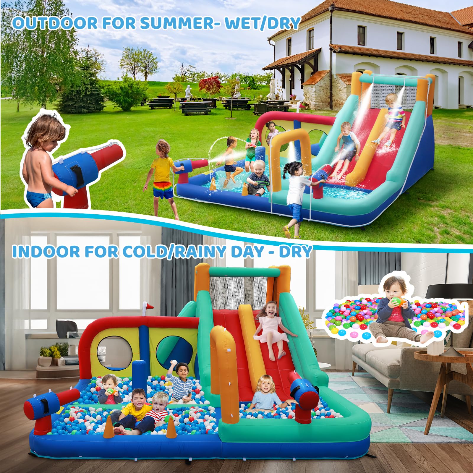 **Double Lane Inflatable Water Slide with 4 Splash Pools, Climbing Wall & Water Cannons - Kids Outdoor Water Park Bounce House with 450W Blower - Perfect for Backyard Parties, Summer Fun & Family Gatherings (Blue)**