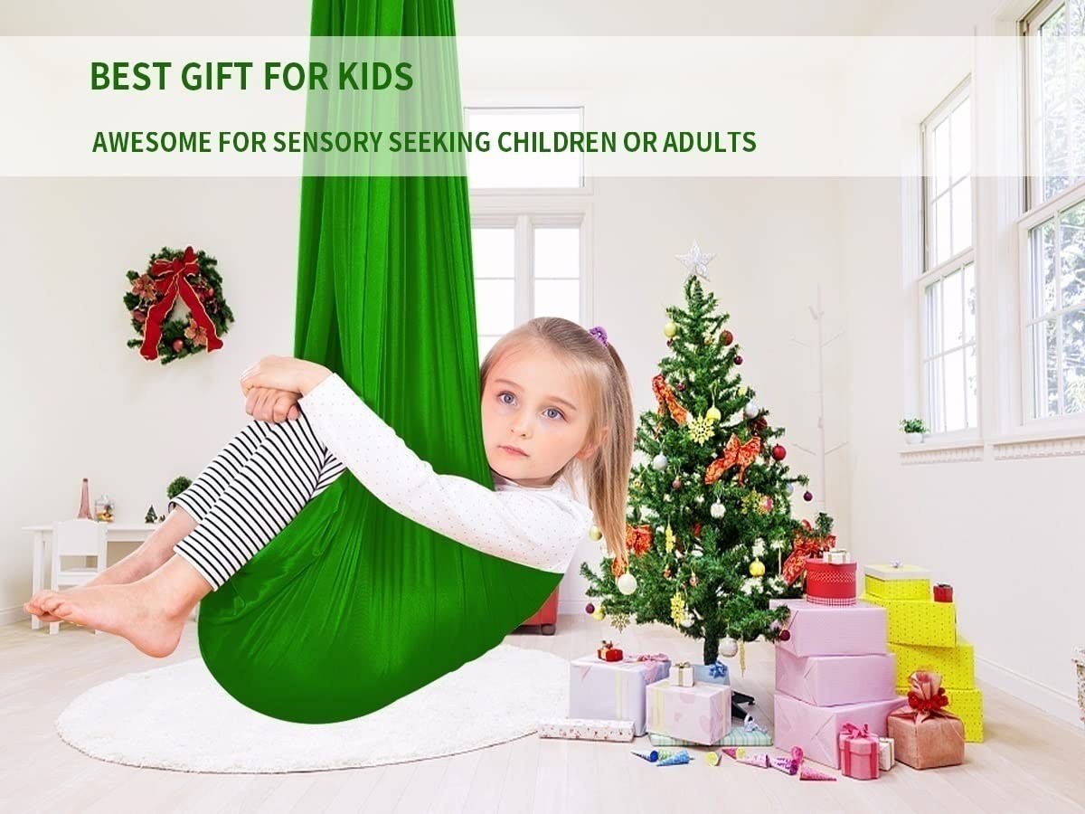 Therapeutic Sensory Swing for Kids & Adults - Indoor/Outdoor Hammock with Calming Effect for ADHD, Autism & Special Needs - Dark Green (59
