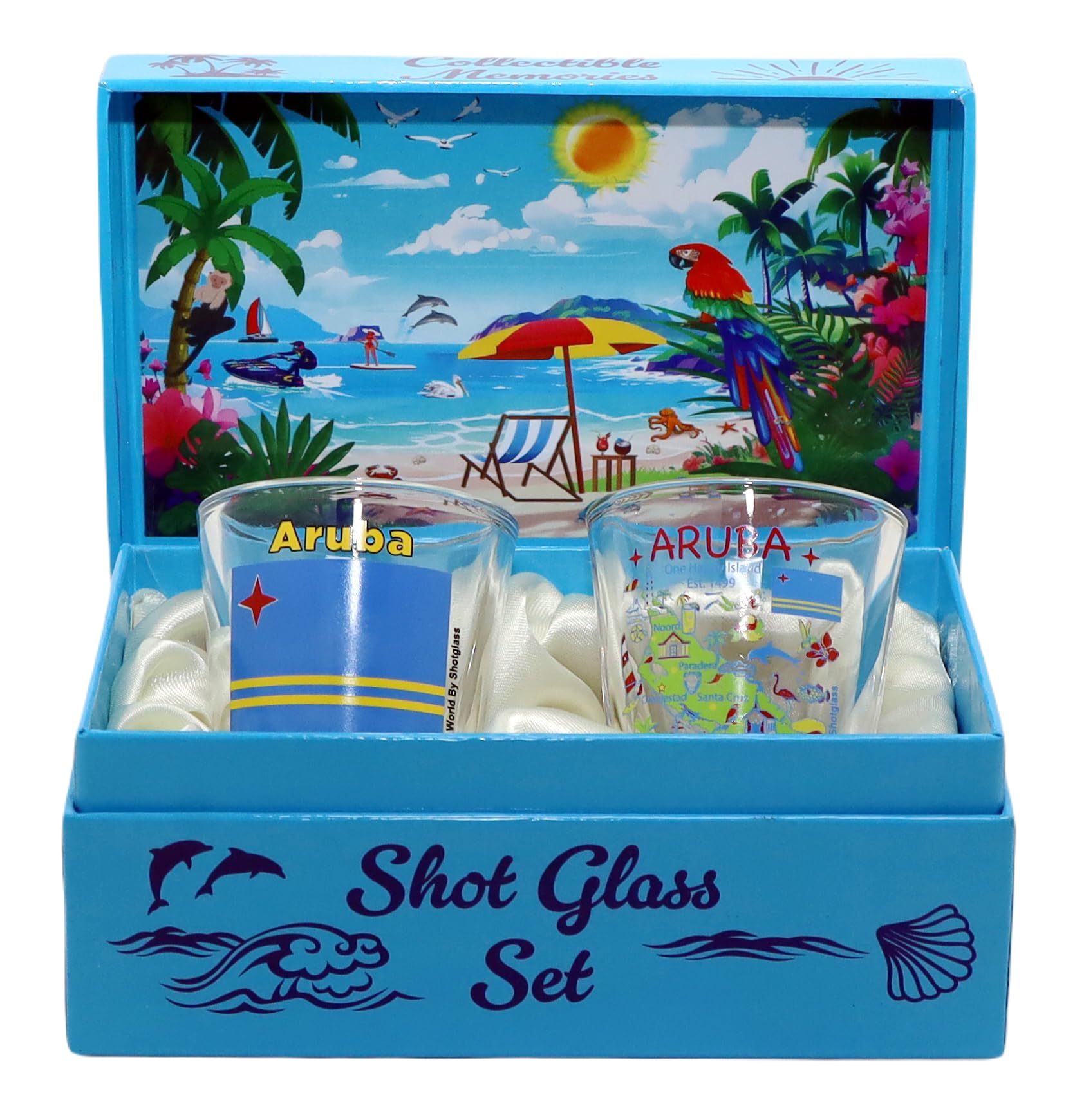 Aruba Caribbean Boxed Shot Glass Set of 2 - Premium Glassware for Tequila, Whiskey & Cocktails - Perfect for Beach Parties, Tropical Themed Events & Home Bar Decor
