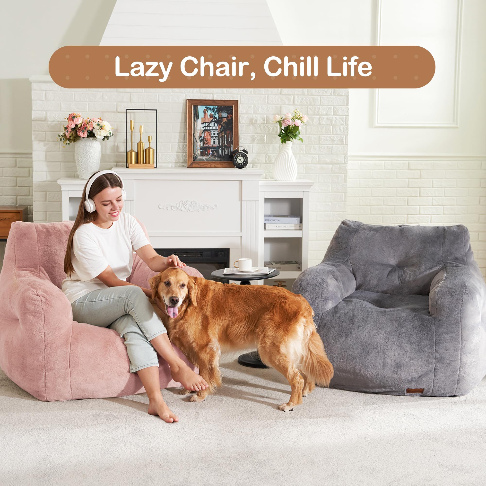 Hobestluk Furry Bean Bag Chair with Arms & Foam Filler - Small Bean Bag Sofa for Adults, Teens - Cozy Reading Chair for Bedroom, Living Room, Dorm, Game Room - Soft Pink Plush Seating (Pink)
