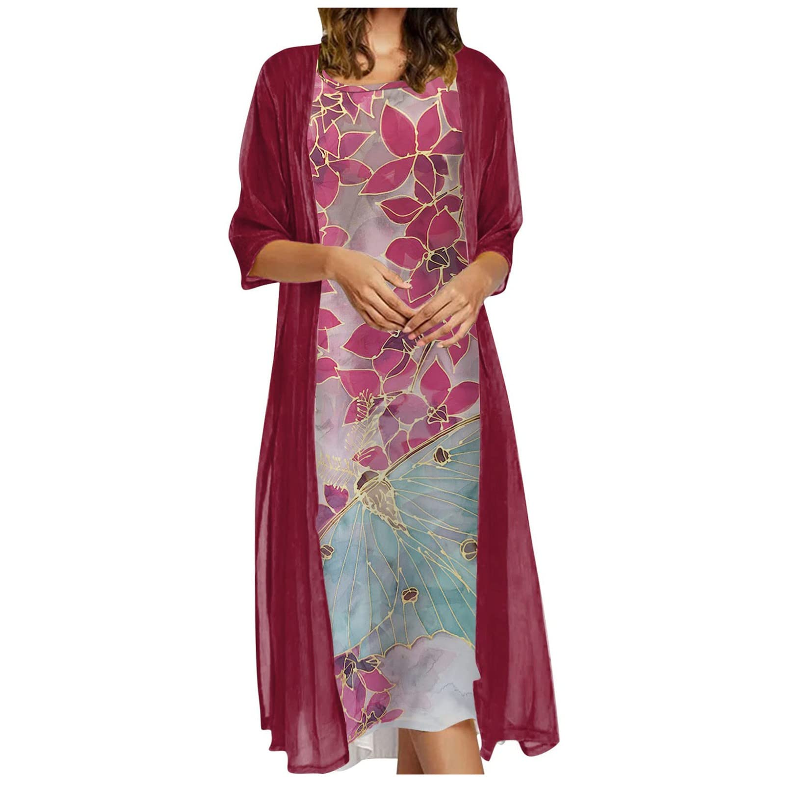 Women's Summer Dresses 2023 - Flowy Floral Two-Piece Chiffon Maxi Dress Set | Plus Size Crewneck Long Dress for Wedding Guest & Special Occasions | Elegant Red Outfit for Beach Vacation, Date Night & Summer Parties