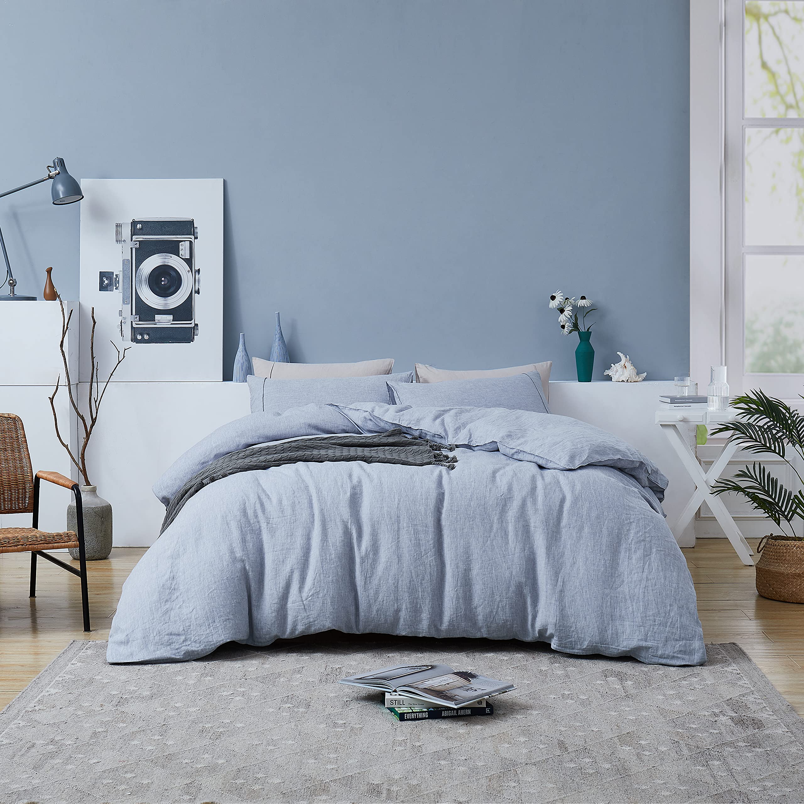 100% French Natural Linen Duvet Cover Set - Queen Size with Stone Washed YKK Zipper | Ultra Breathable & 100% Recyclable Linen Bedding | Includes 1 Duvet Cover & 2 Pillow Shams in Blue | Perfect for Eco-Friendly Home Decor & All-Season Comfort