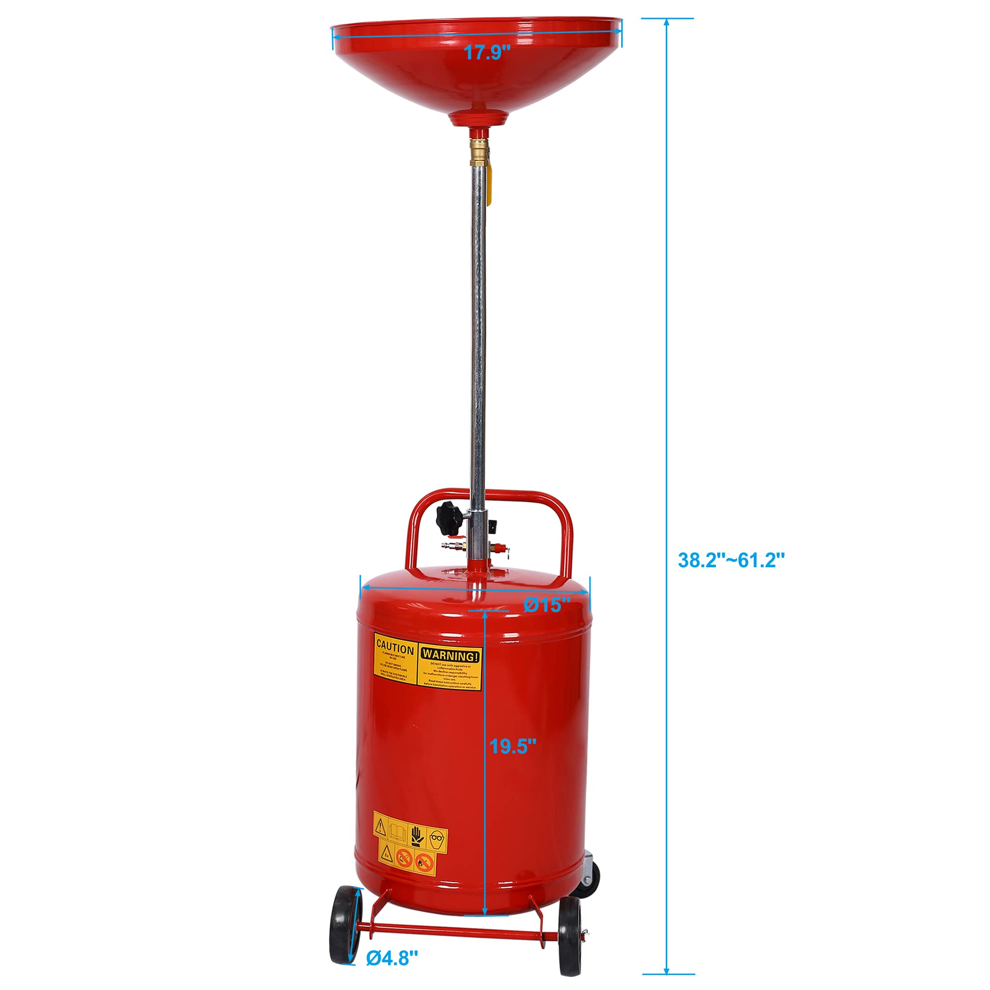 18 Gallon Waste Oil Drain Tank - Pressurized Air Operated Fluid Drain Container with Adjustable Funnel Height | Oil Changing Dolly for Automotive Shops, DIY Garage & Industrial Use