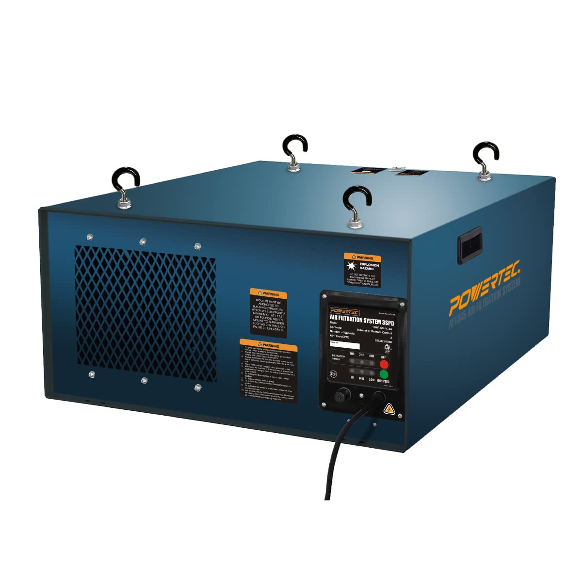 POWERTEC AF1045V 3-Speed Remote Controlled Air Filtration System - 655/875/1060 CFM Hanging Dust Collector for Woodworking, Workshops & Garages | Air Purifier for Dust Removal & Clean Air in DIY Projects & Home Improvement