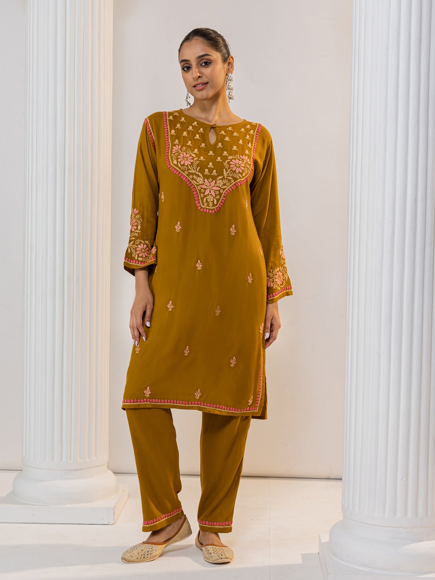 Elegant Saba Chikankari Notch Neck Cotton Silk Kurta Set for Women - Mustard Yellow | Traditional Indian Ethnic Wear for Festivals, Weddings & Special Occasions