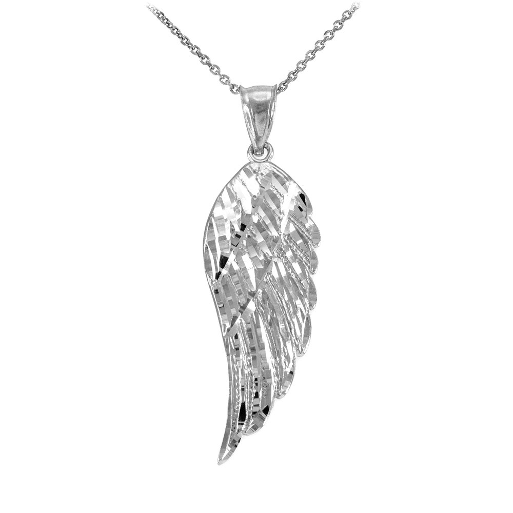14K White Gold Angel Wing Charm Pendant Necklace with Rolo Chain - 1-1/5