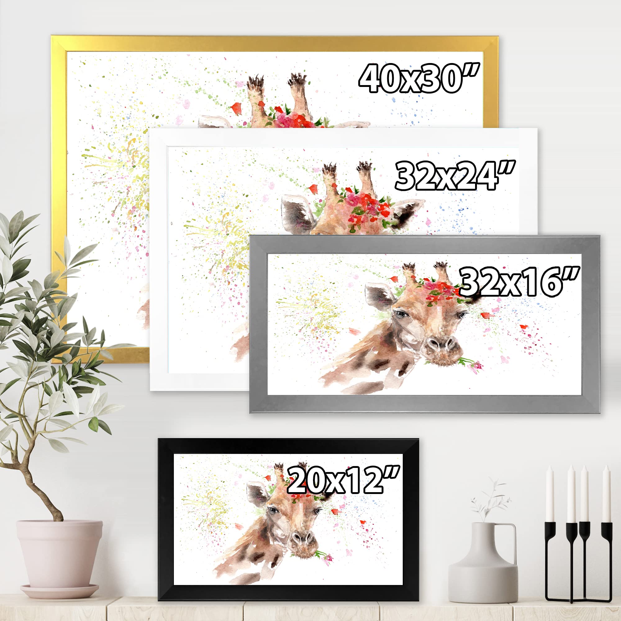 DesignQ Giraffe with Flowers III - Farmhouse Framed Wall Art for Living Room, Bedroom & Office Decor | Modern Animal Portrait Painting for Home & Office