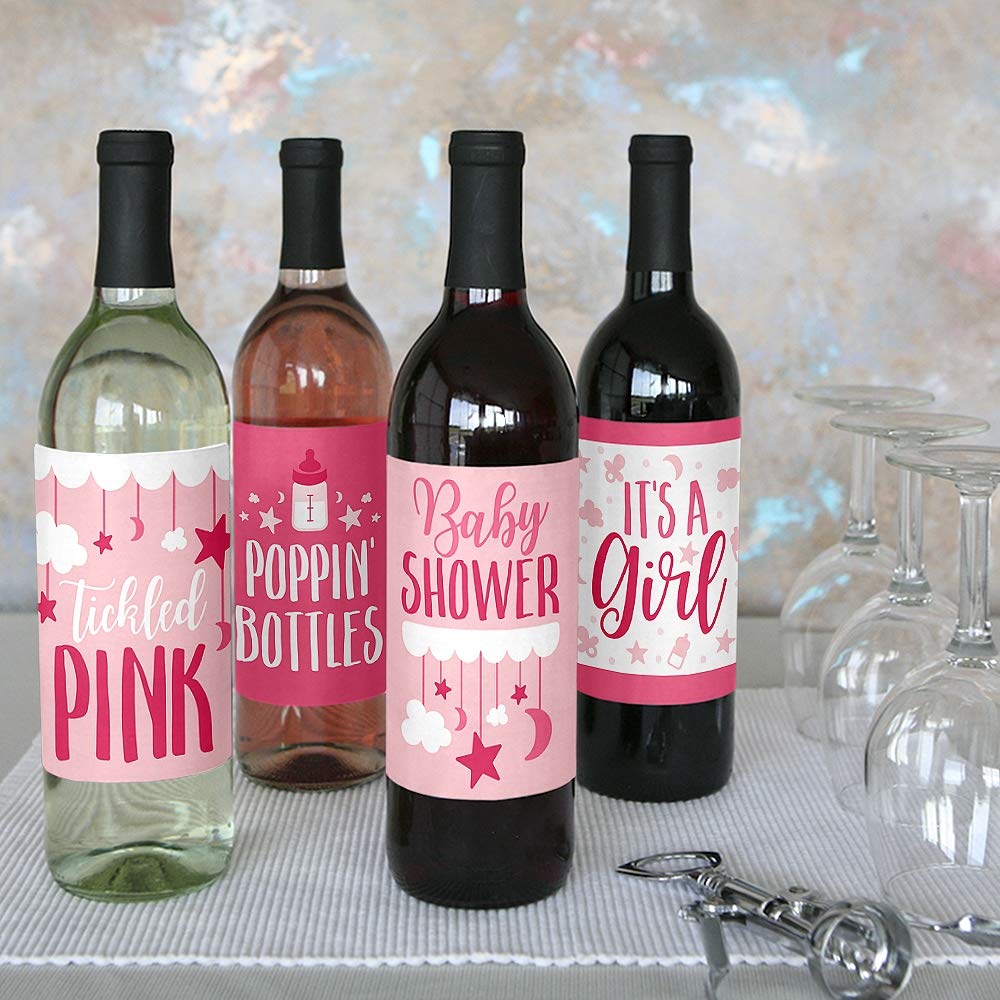 Big Dot of Happiness It's a Girl Baby Shower Decorations - Pink Wine Bottle Label Stickers Set of 4 - Perfect for Gender Reveal Parties, Newborn Celebrations & Nursery Decor