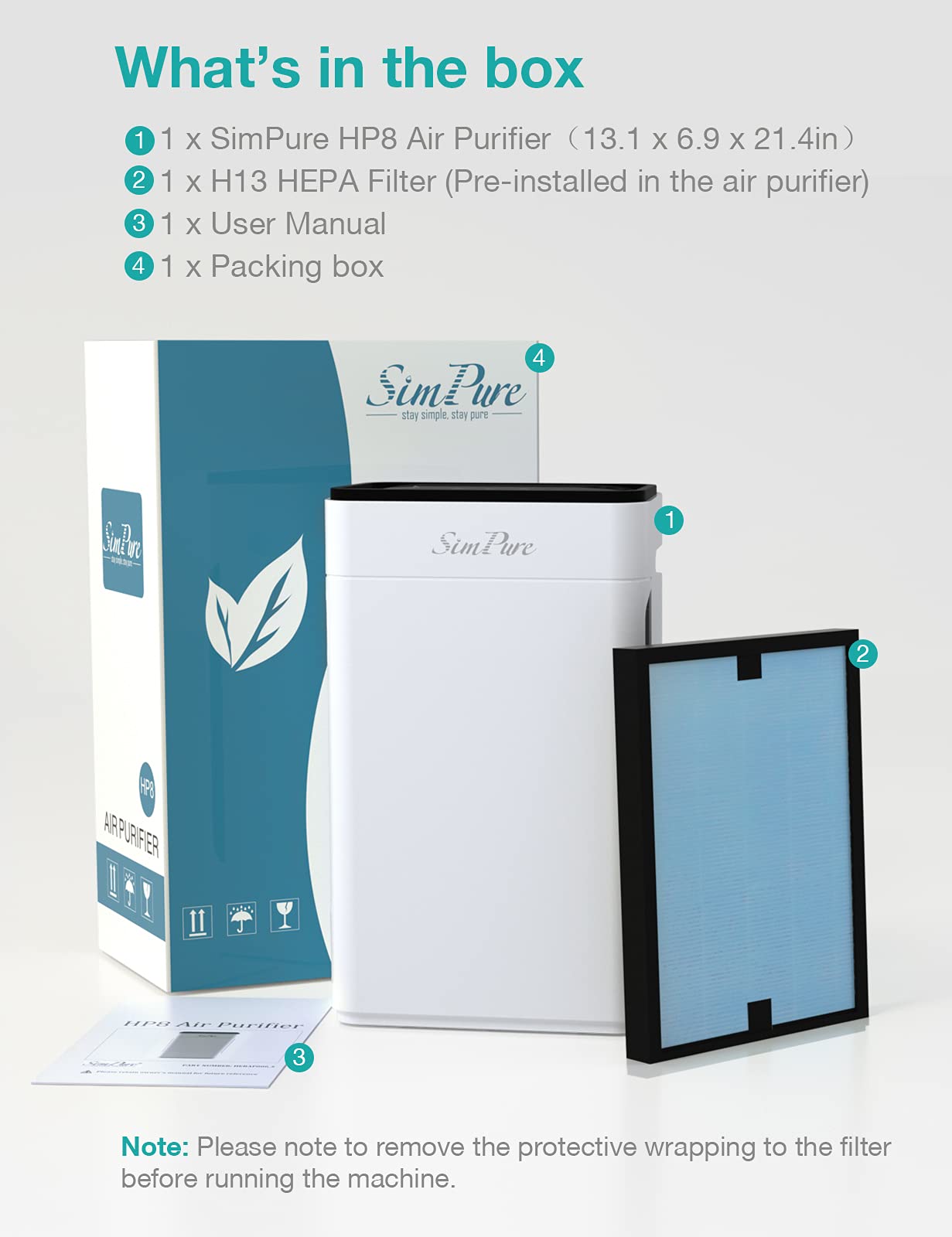 SimPure HP8 True HEPA Air Purifier for Large Rooms - Quiet Home & Office Air Cleaner with Allergen Removal for Pets, Smoke, Dust, Mold - Ideal for Bedrooms, Living Rooms and Workspaces