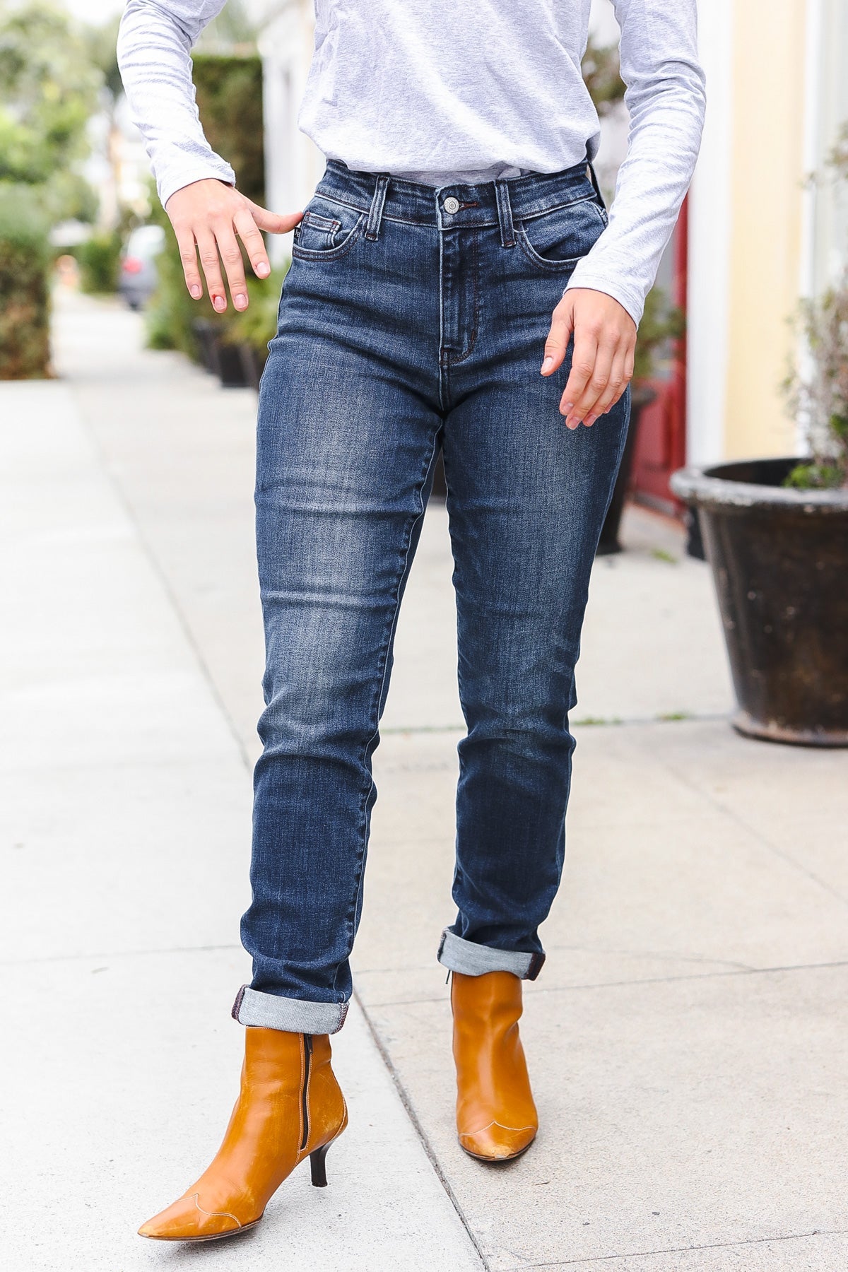 Judy Blue Dark Wash Mid Rise Cuffed Slim Fit Jeans for Women | Comfortable Stretch Denim Pants | Perfect for Casual Wear, Office & Date Night
