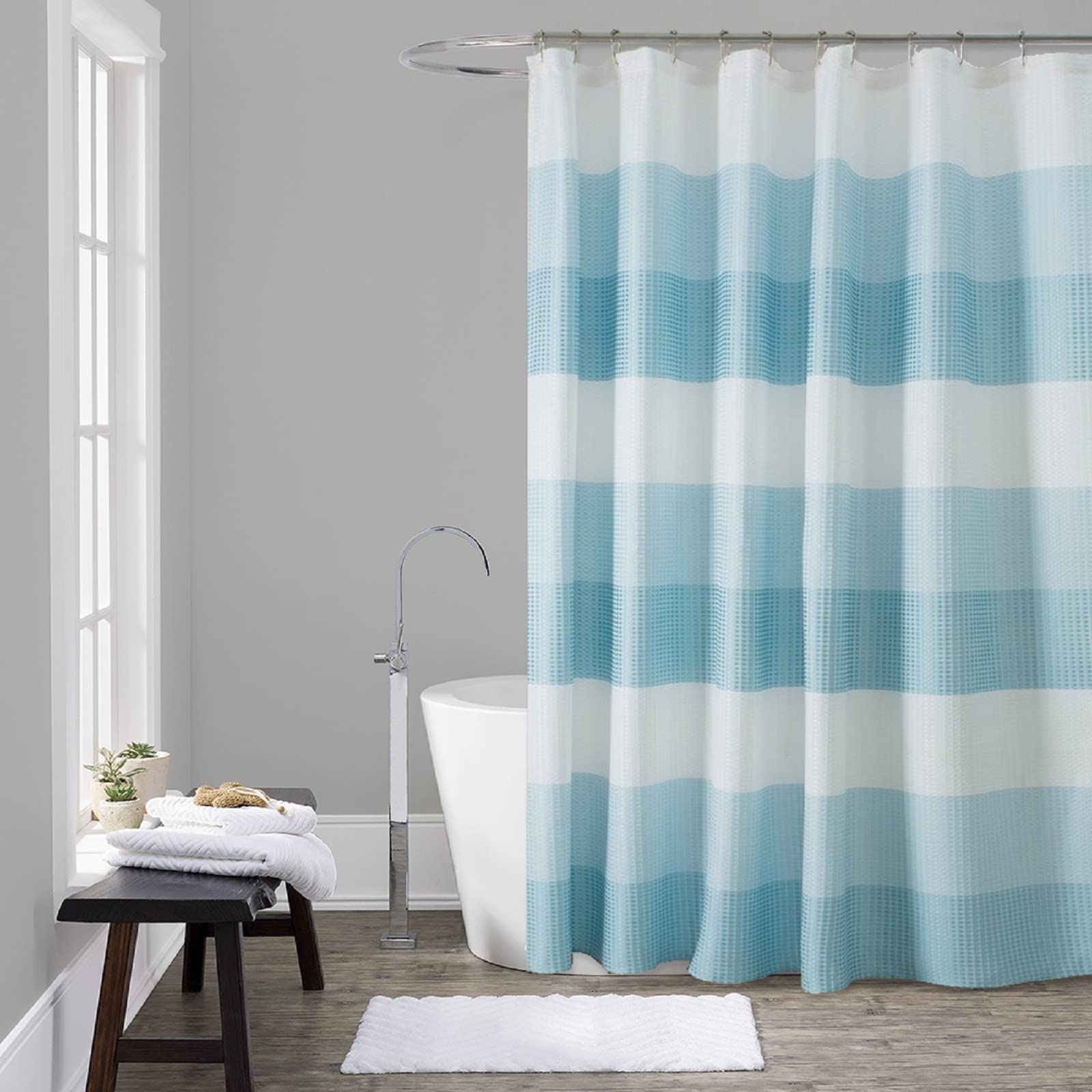 Luxury Waffle Weave Shower Curtain - Heavy Duty Blue & White Striped Bathroom Curtain, Water Repellent 72x72 Inch - Perfect for Spa, Hotel & Home Decor