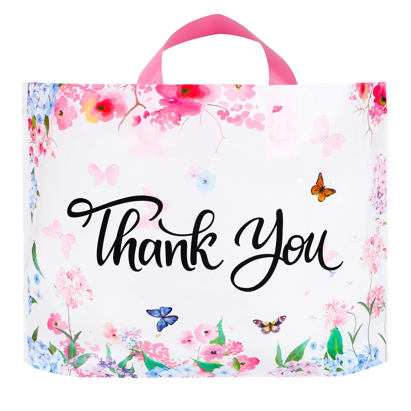 Ruisita 60 Pack Multicolor Floral Thank You Reusable Plastic Shopping Bags with Handles - 12x15 Inch Eco-Friendly Retail Bags for Boutique, Grocery, Clothing & Gift Wrapping