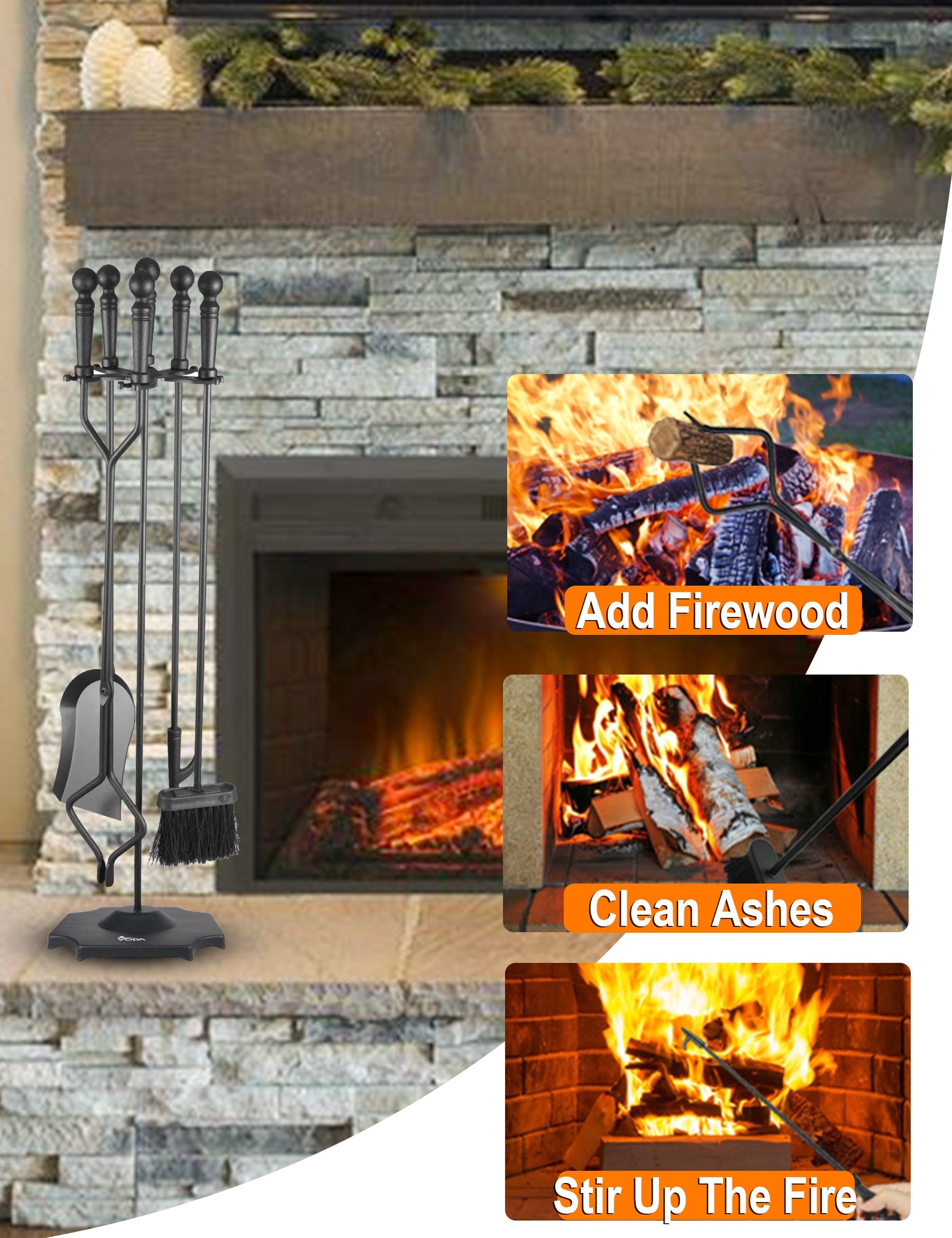 VODA™ 31.5 Inch Heavy Duty Cast Iron Fireplace Tool Set with Stand - VDTS205 - Perfect for Indoor Fireplace Maintenance and Home Decor