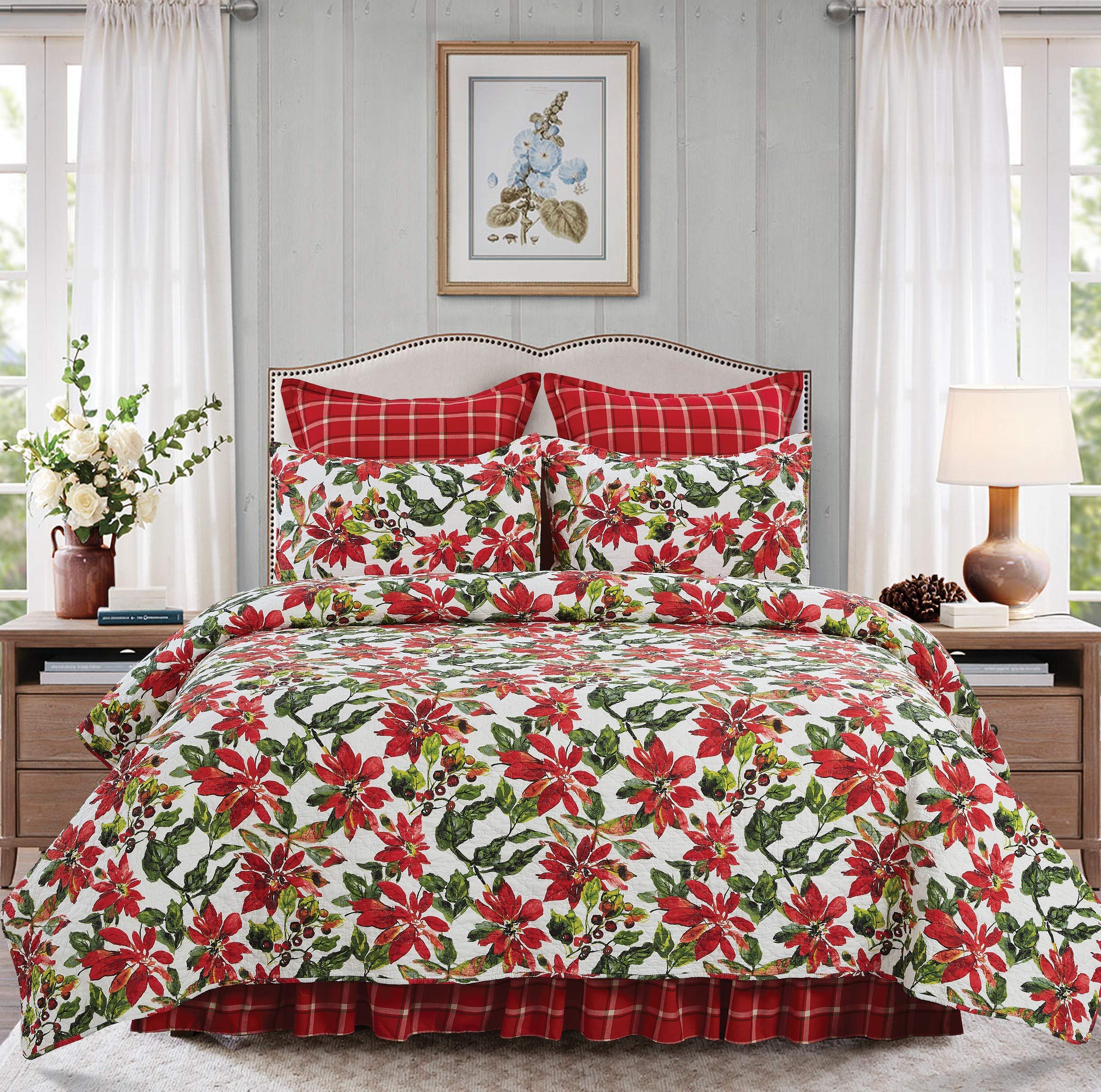 Reversible Poinsettia Berries Cotton Quilt Set - Full/Queen 3-Piece Christmas Bedding | Machine Washable & Durable | Perfect for Holiday Home Decor & Cozy Winter Nights