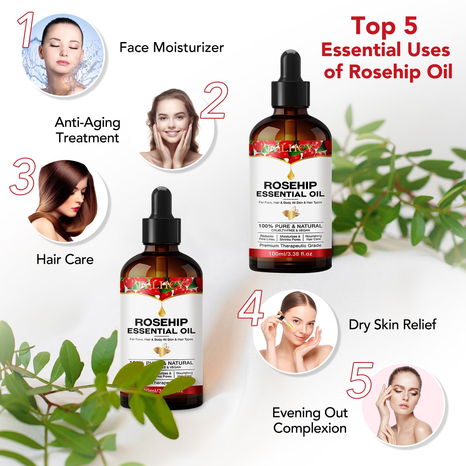 Organic Cold Pressed Rosehip Seed Oil 3.38 oz - 100% Pure & Natural Face Oil for Skin Care, Hair Growth, Gua Sha & Massage | Anti-Aging Moisturizer for Dry Skin, Acne Scars & Wrinkles | Perfect for Night Routine & DIY Beauty Treatments