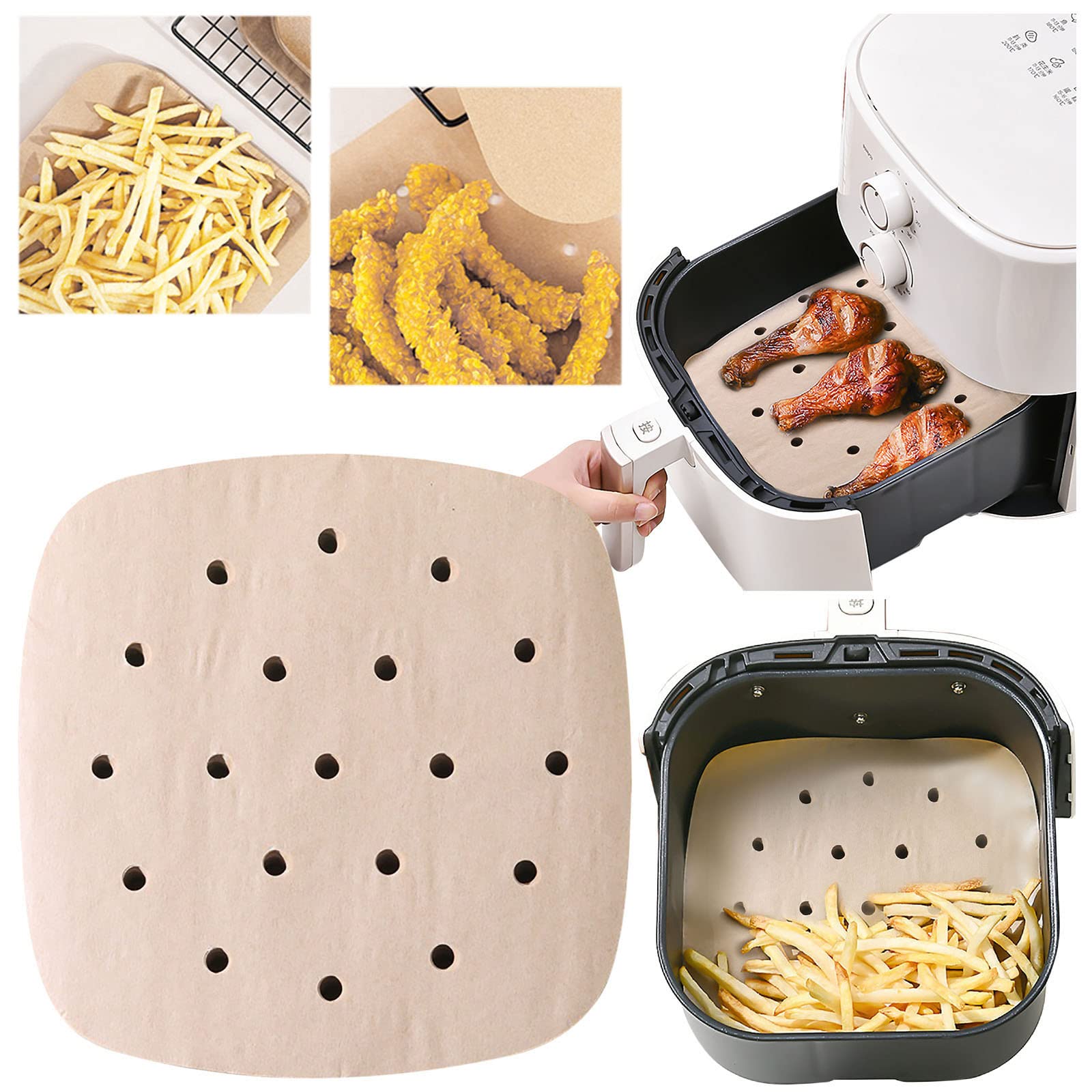 WTOrange Air Fryer Parchment Paper Liners - 23cm Square Disposable Perforated Baking Sheets for Air Fryer & Bamboo Steamer Basket (Brown) | Non-Stick, Easy Cleanup for Healthy Cooking & Meal Prep