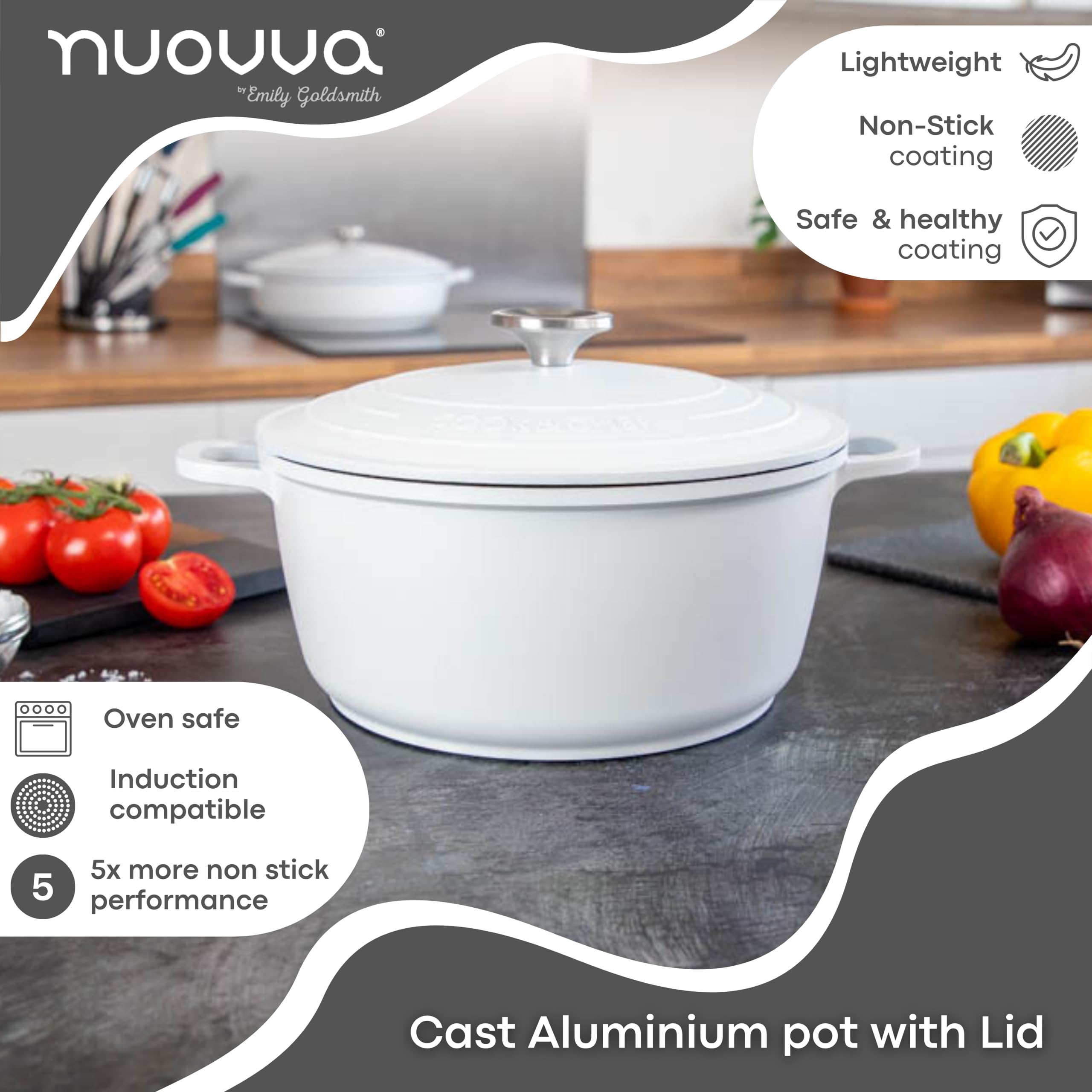 Nuovva 4.6-Quart Cast Aluminum Dutch Oven with Lid - Nonstick Bread Baking Pot, Oven & Stovetop Safe (9.4 Inch, Cream) - Perfect for Sourdough, Stews & Camping Cooking